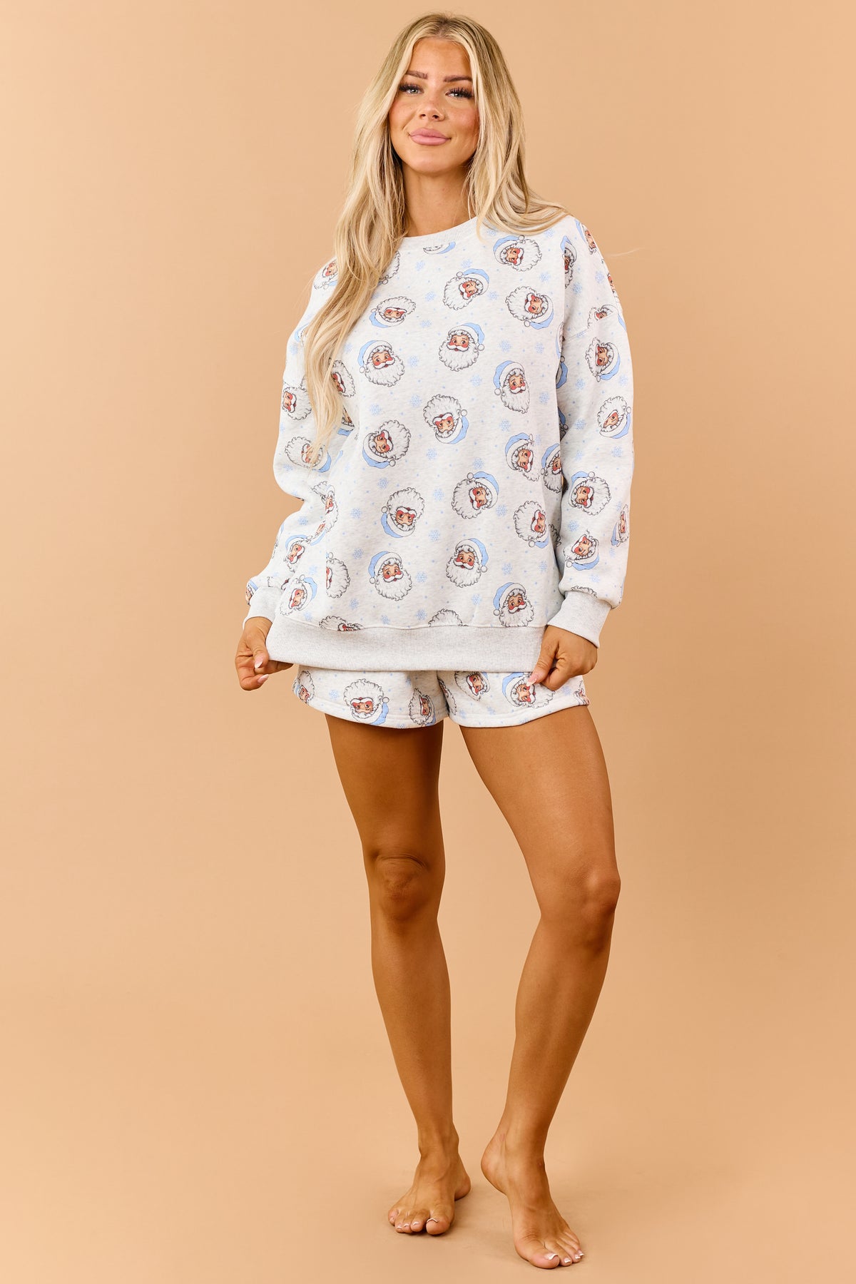 Heather Grey Santa Pattern Sweatshirt and Shorts Set