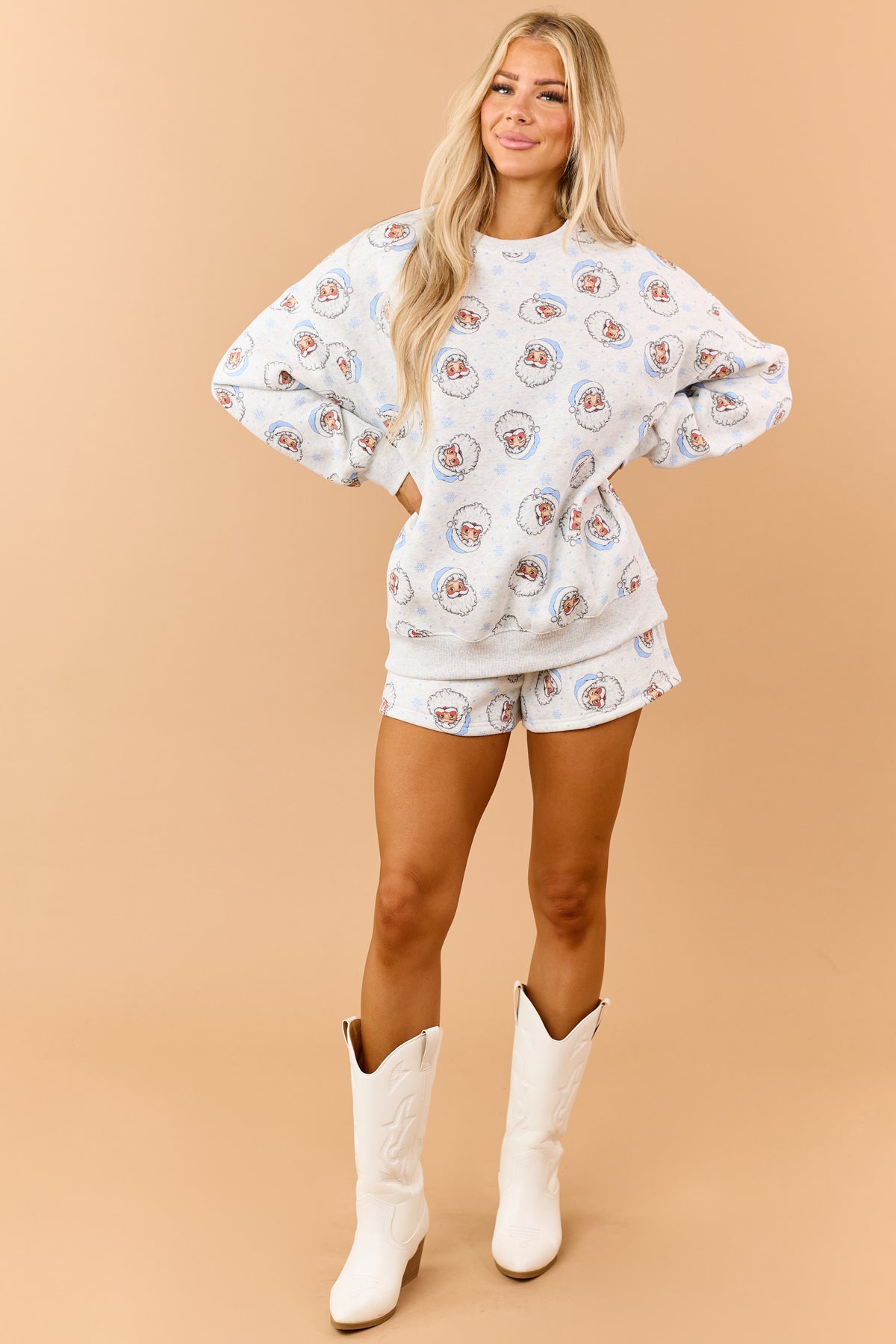 Heather Grey Santa Pattern Sweatshirt and Shorts Set