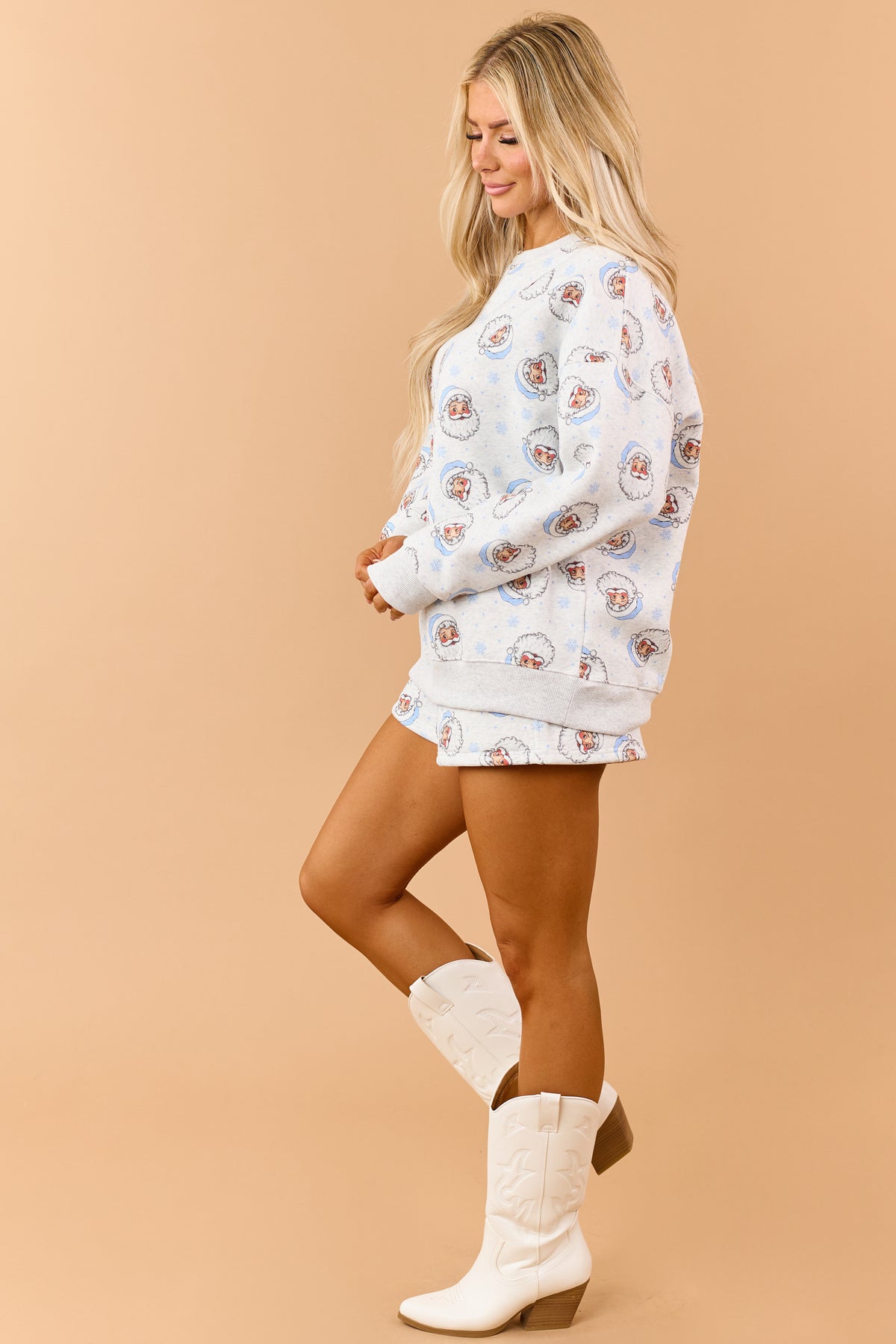 Heather Grey Santa Pattern Sweatshirt and Shorts Set