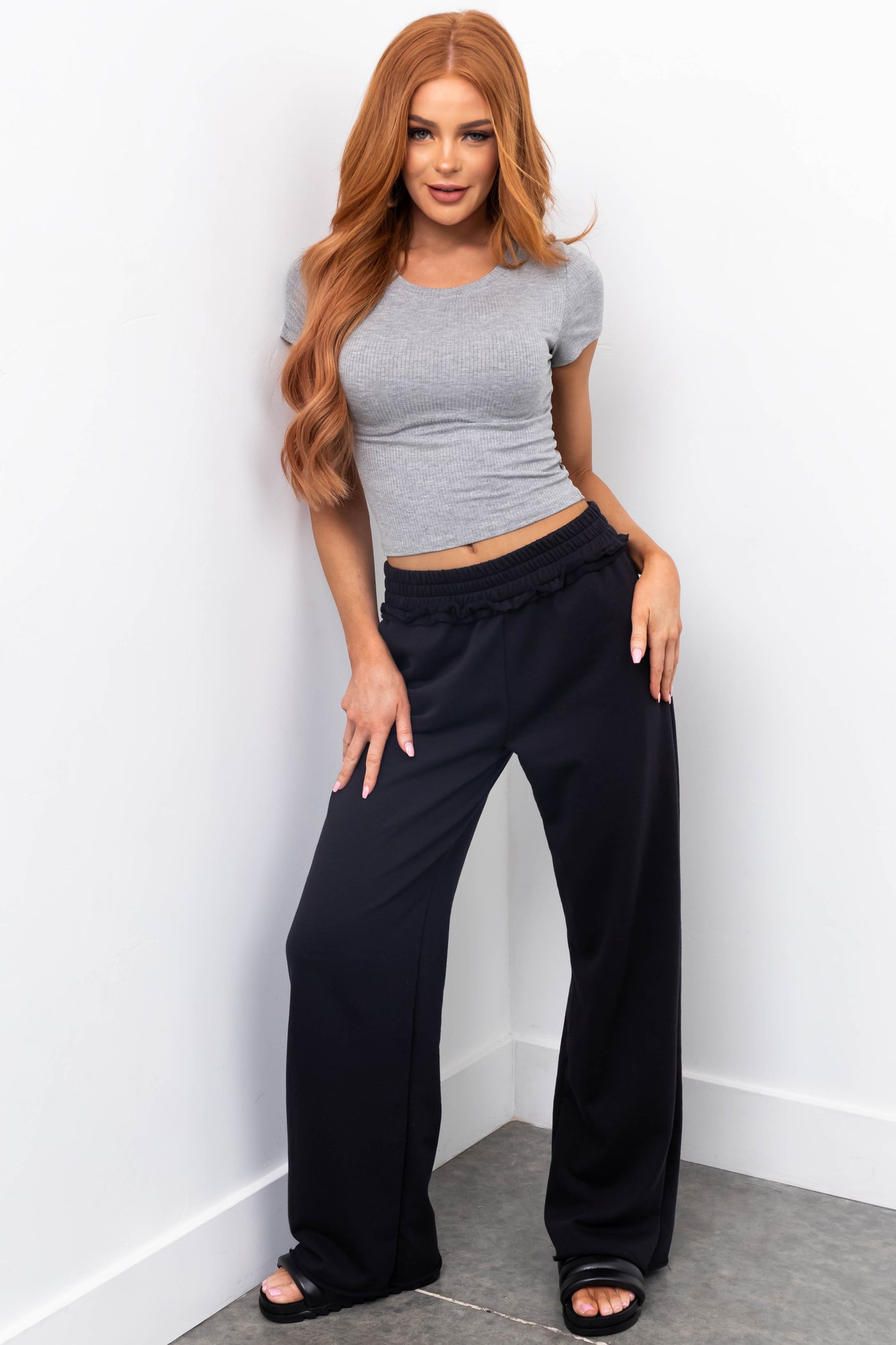 Heather Grey Short Sleeve Fitted Ribbed Knit Crop Top