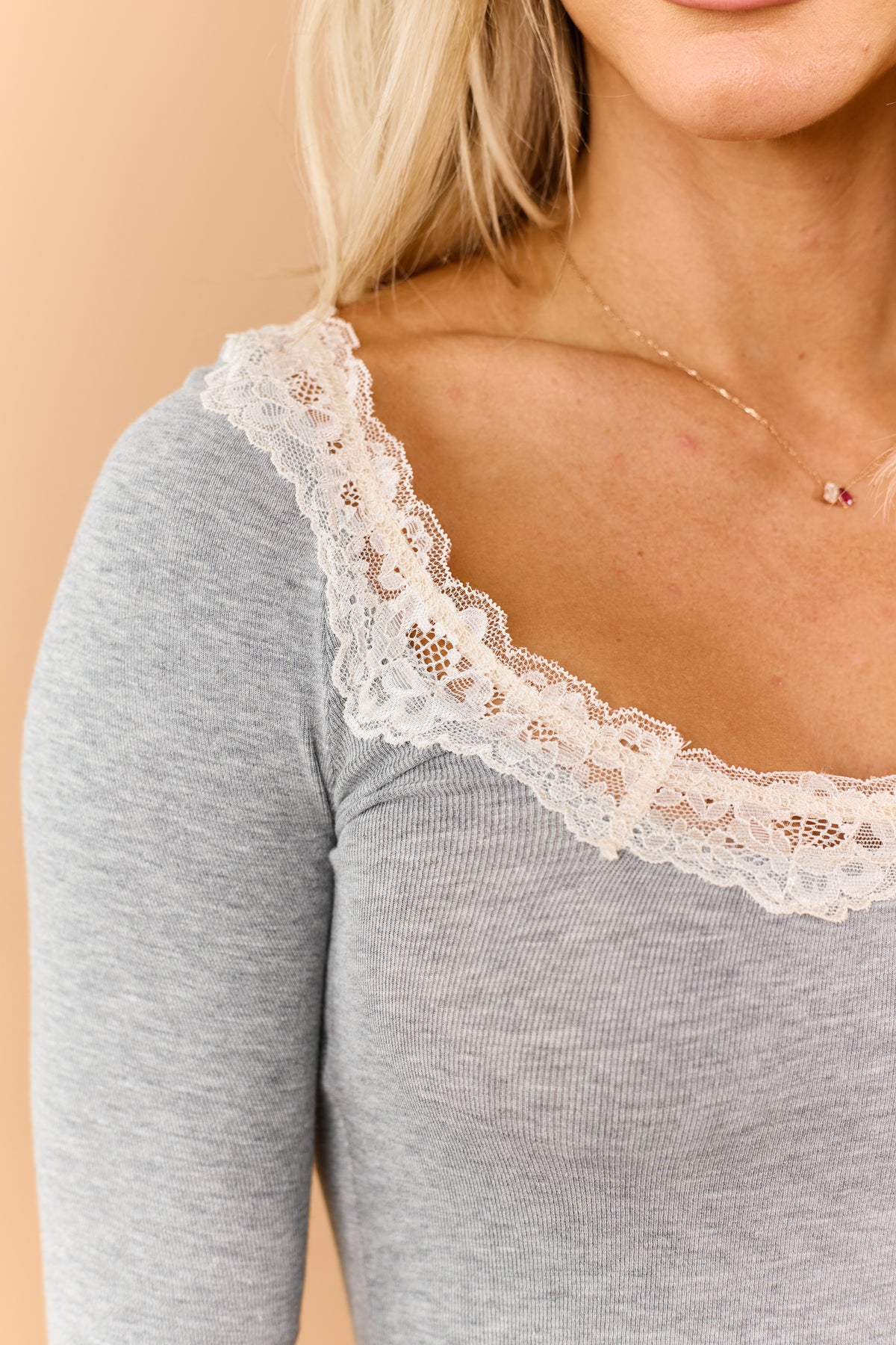 Heather Grey Slub Knit Lace Scoop Neck Top