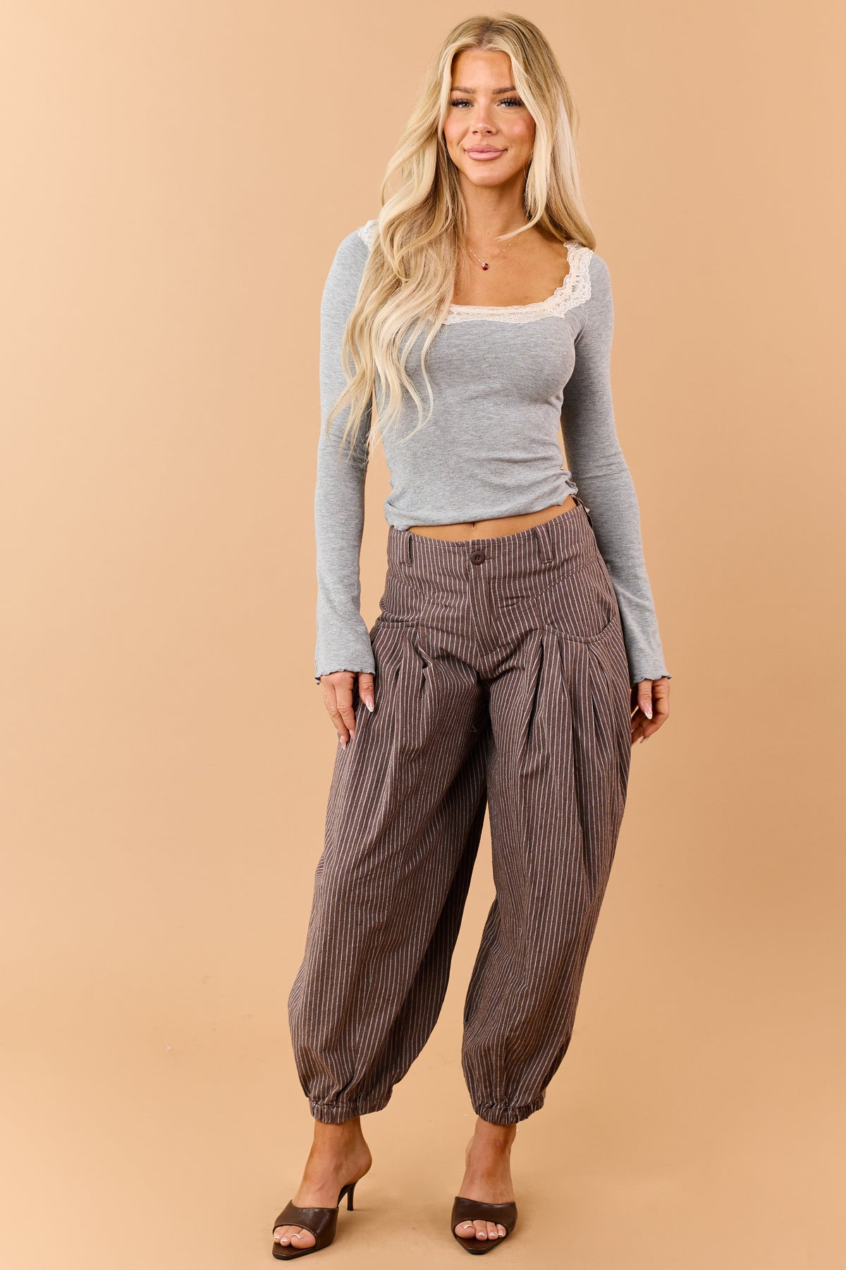 Heather Grey Slub Knit Lace Scoop Neck Top