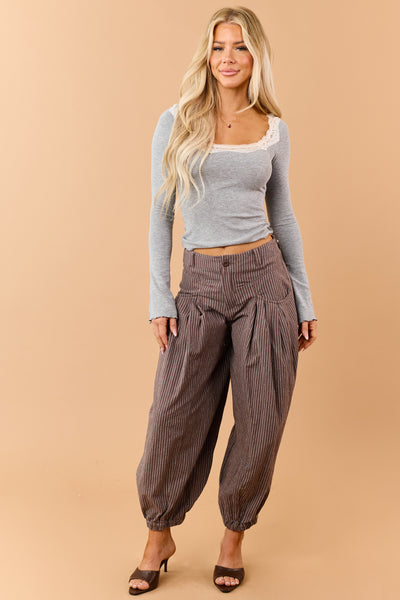 Heather Grey Slub Knit Lace Scoop Neck Top