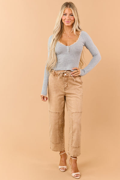 Heather Grey Soft Knit Lace Trim Long Sleeve Top