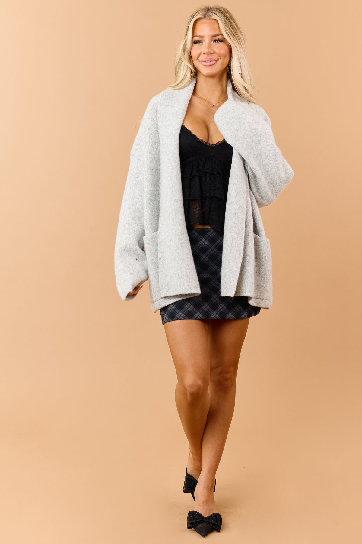 Heather Grey Soft Knit Shawl Collar Open Front Cardigan