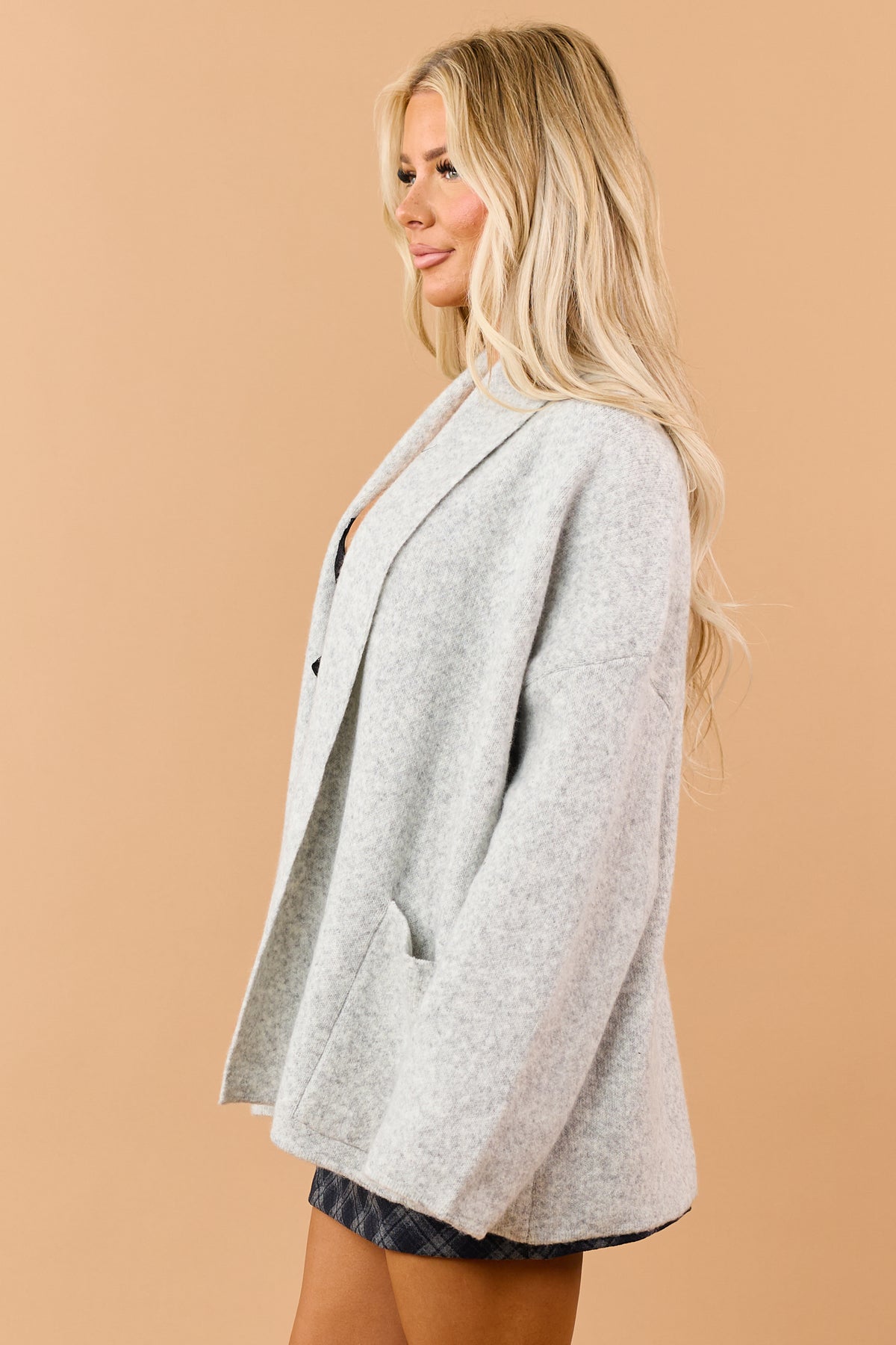 Heather Grey Soft Knit Shawl Collar Open Front Cardigan