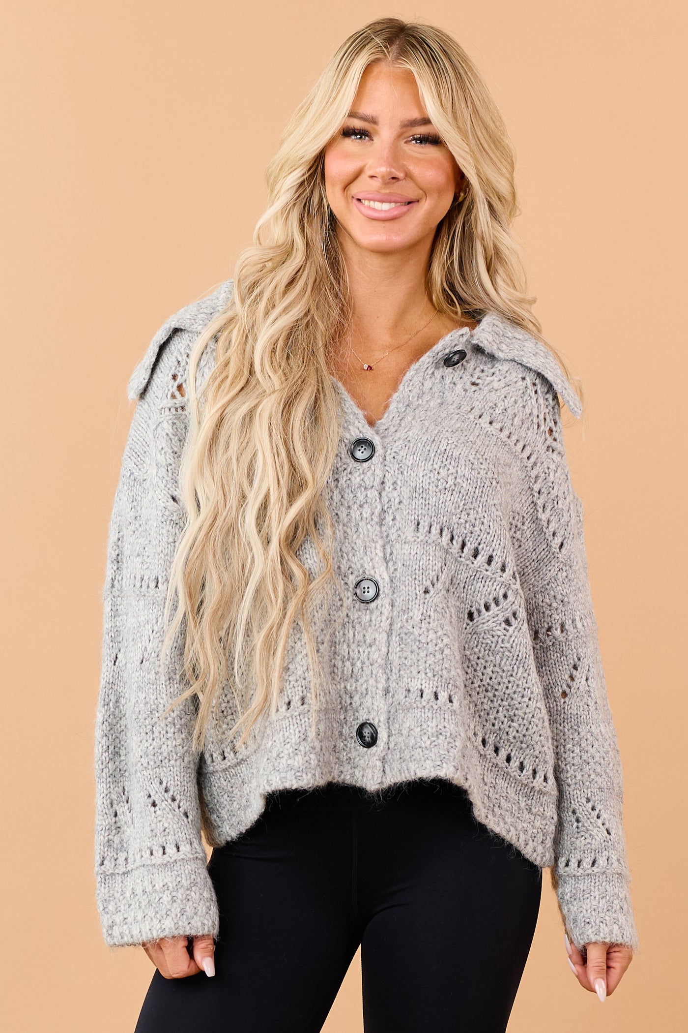 Heather Grey Wool Blend Knit Button Down Cardigan