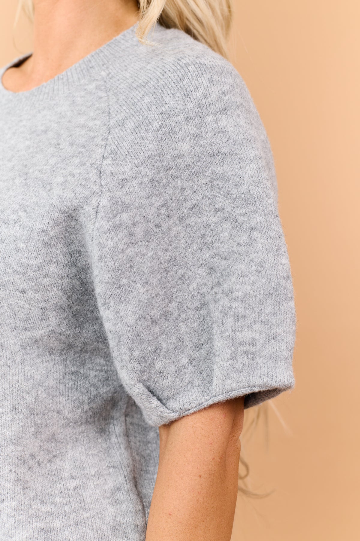 Heather Grey Wool Blend Short Puff Sleeve Sweater
