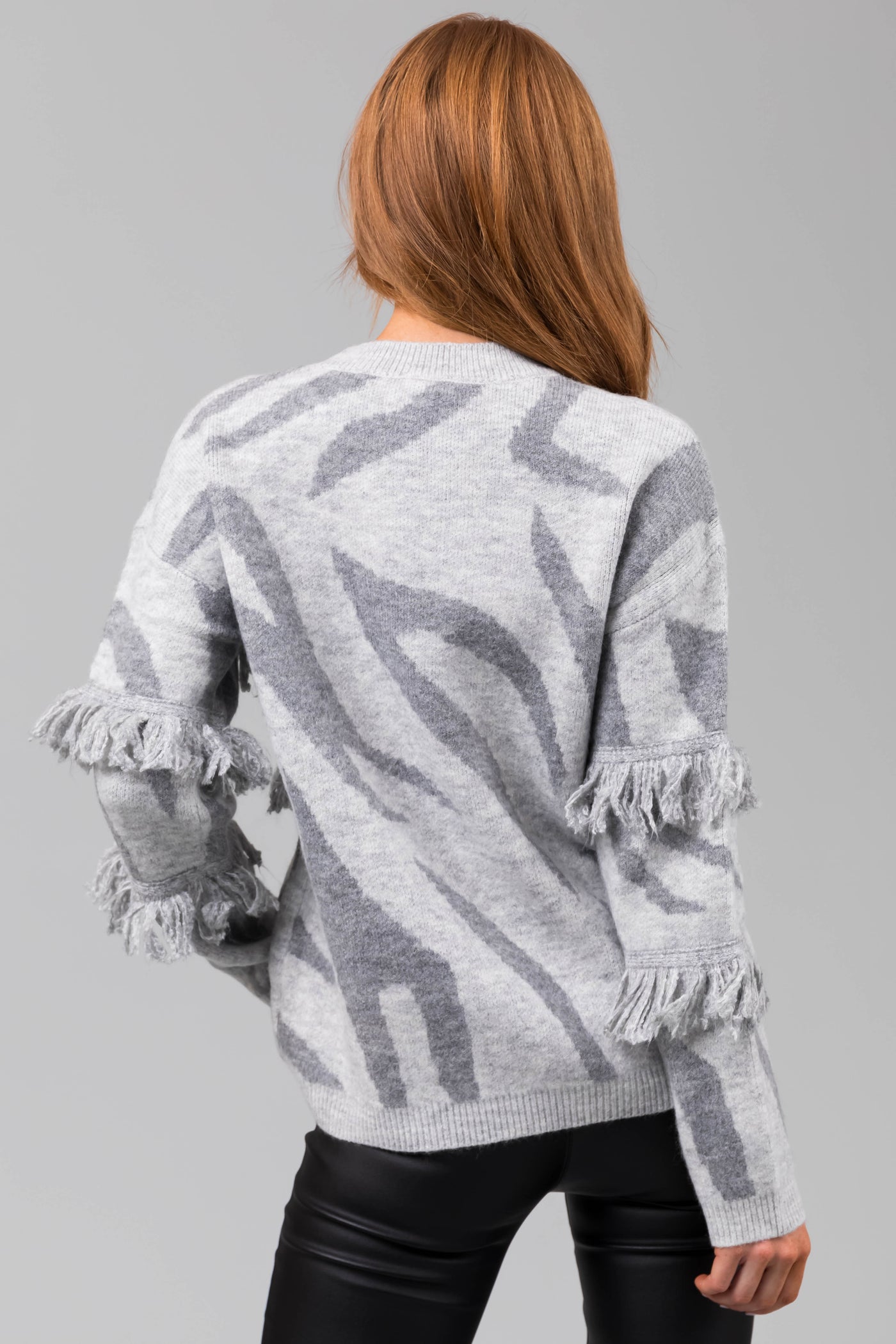 Heather Grey Zebra Print Tassel Sweater
