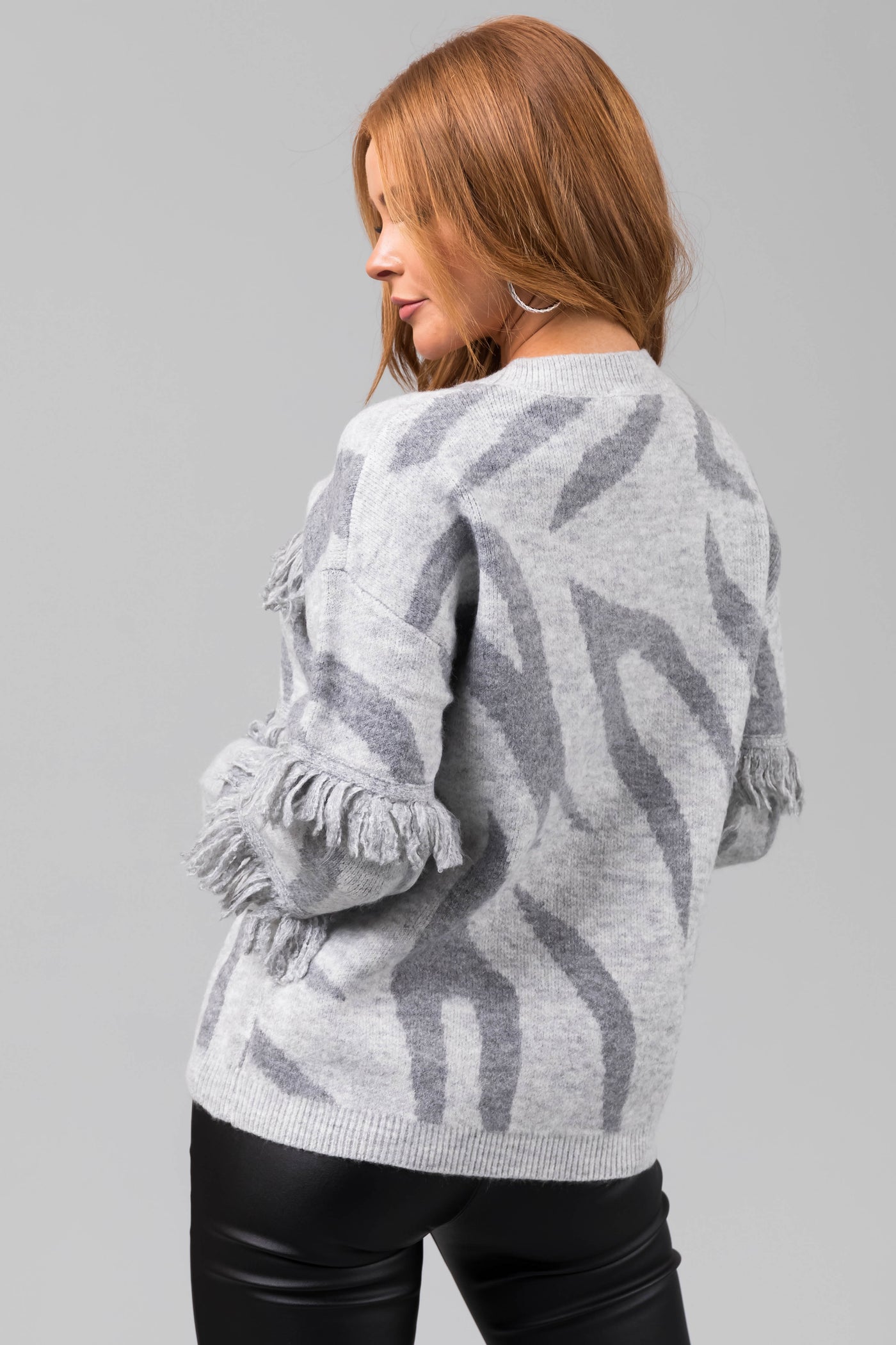 Heather Grey Zebra Print Tassel Sweater