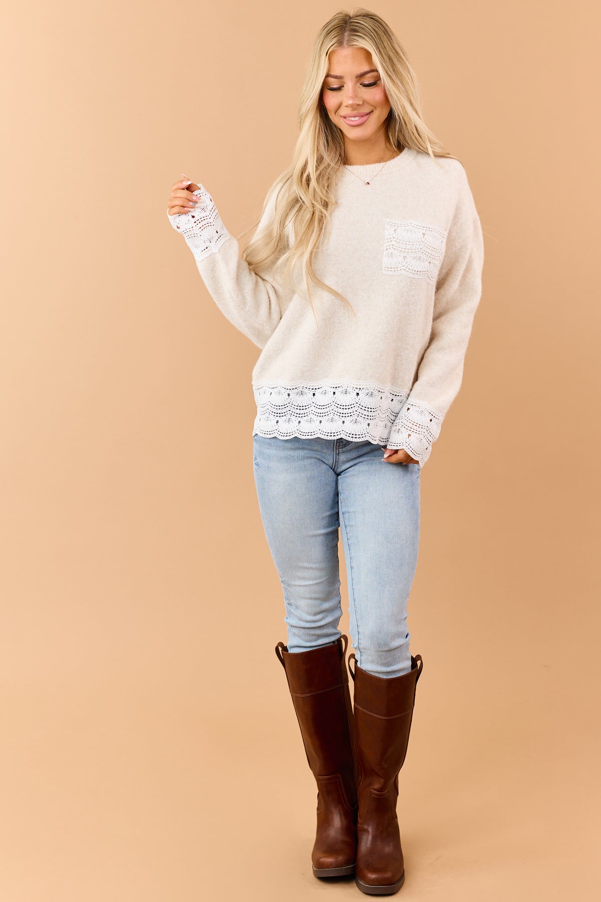 Heathered Almond Crochet Lace Trim Relaxed Sweater