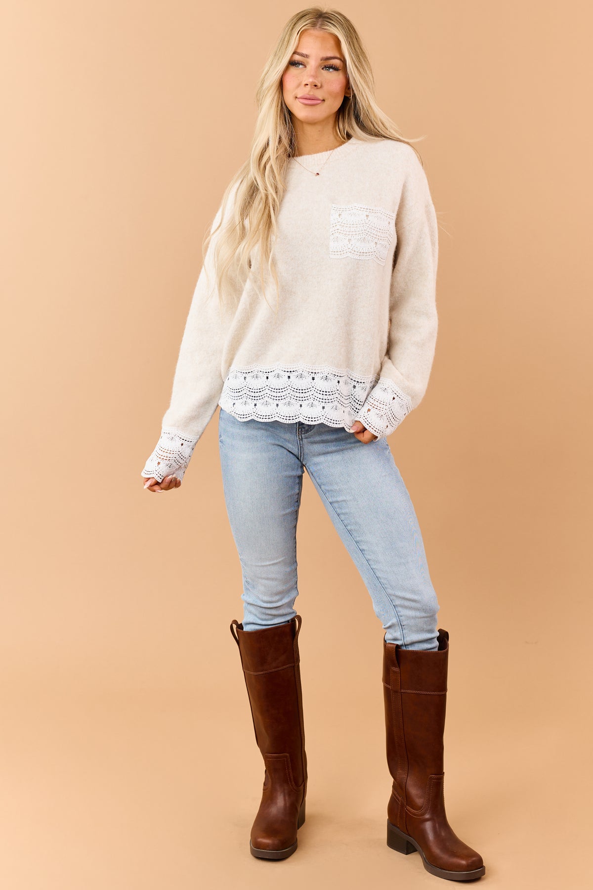 Heathered Almond Crochet Lace Trim Relaxed Sweater
