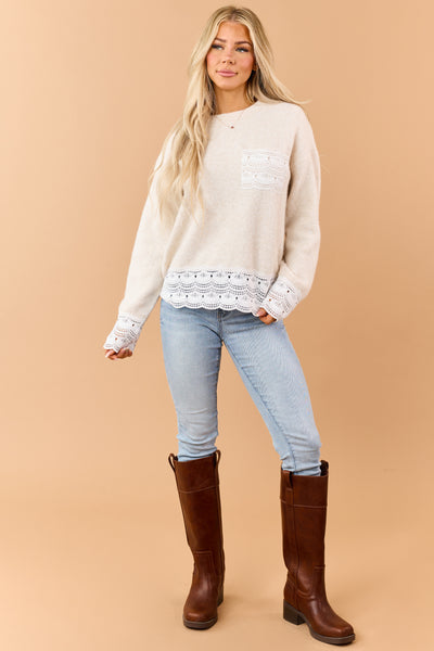 Heathered Almond Crochet Lace Trim Relaxed Sweater