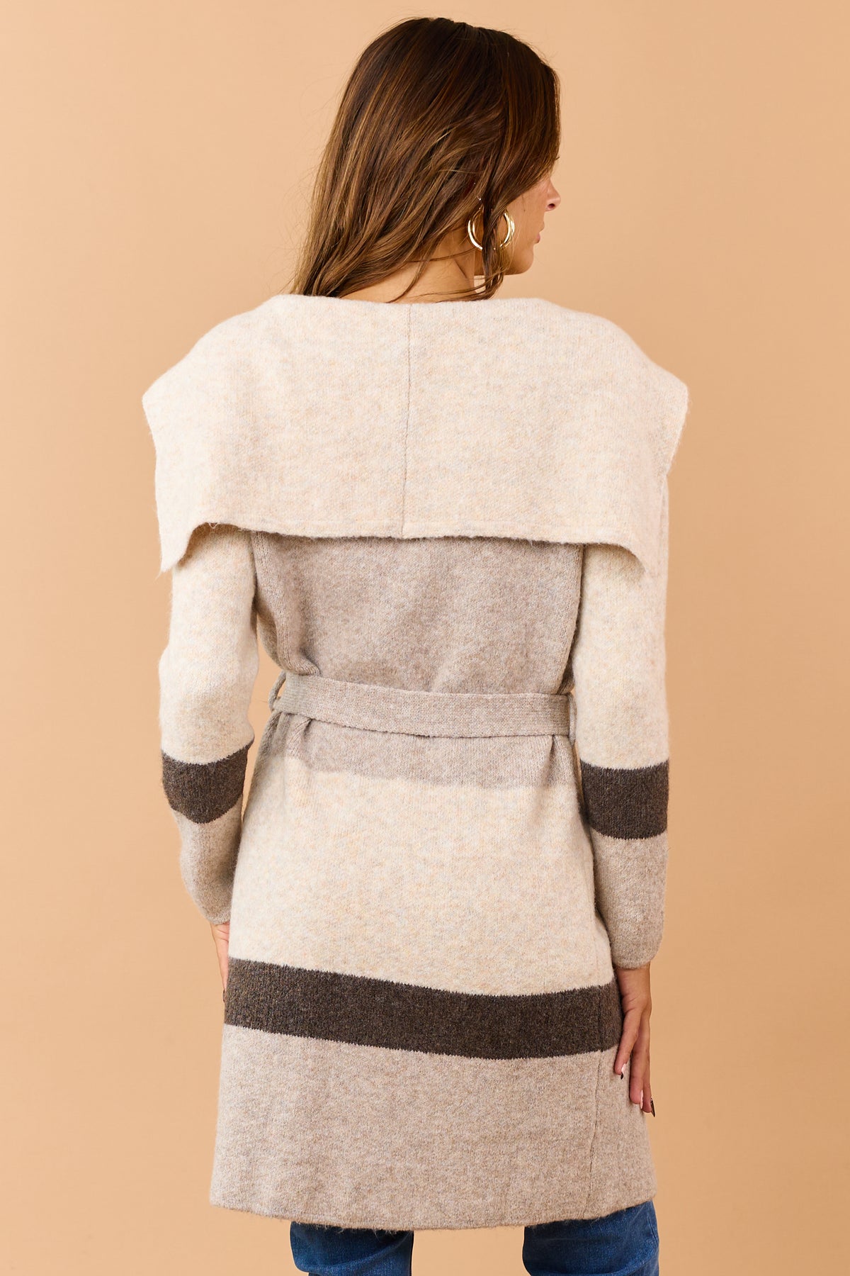 Heathered Beige Colorblock Waist Tie Jacket Cardigan