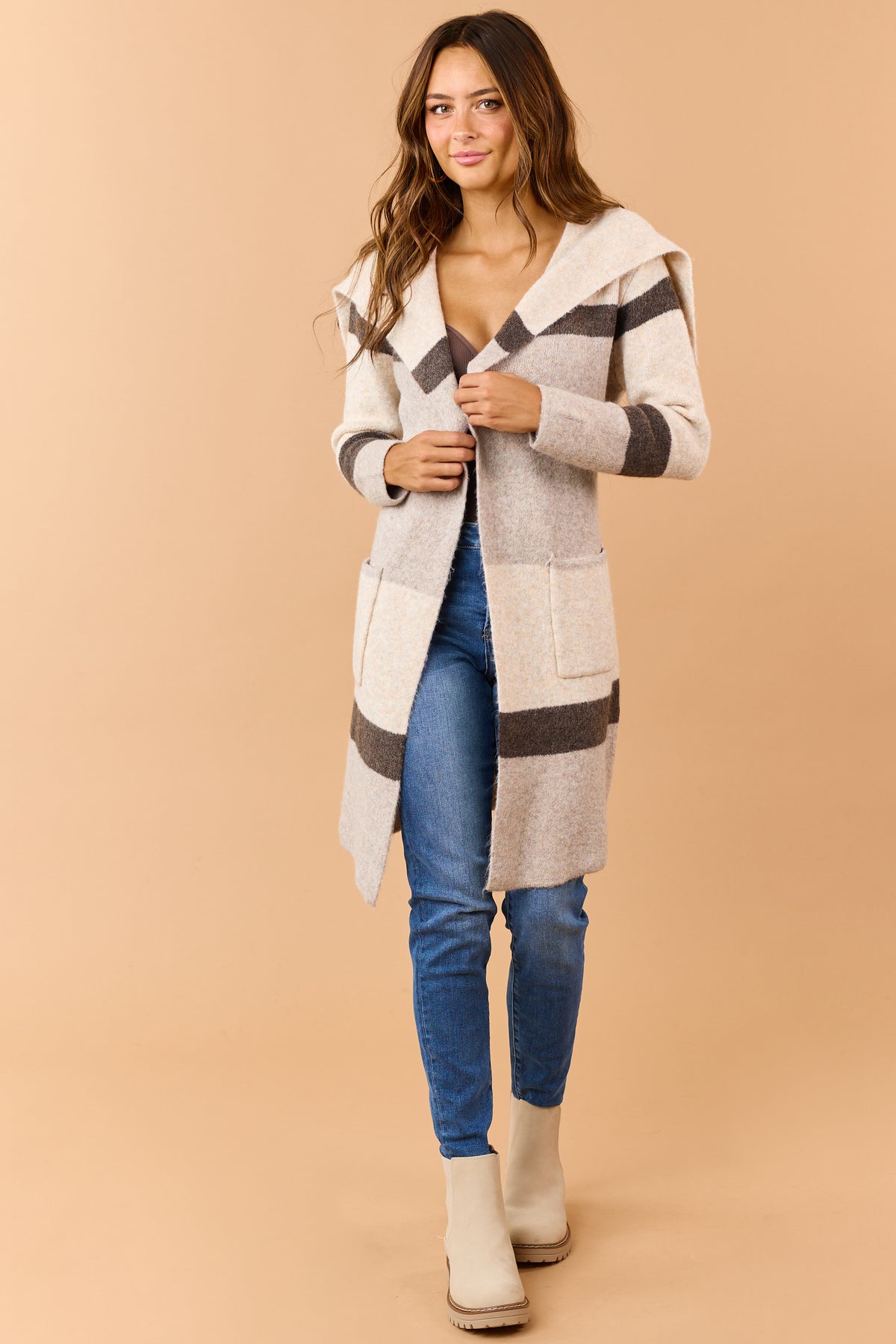 Heathered Beige Colorblock Waist Tie Jacket Cardigan