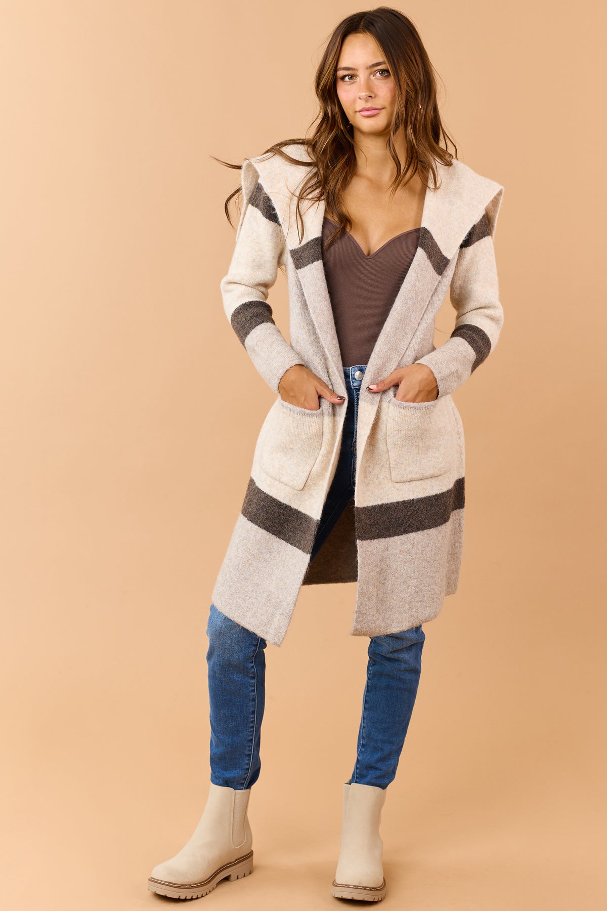 Heathered Beige Colorblock Waist Tie Jacket Cardigan