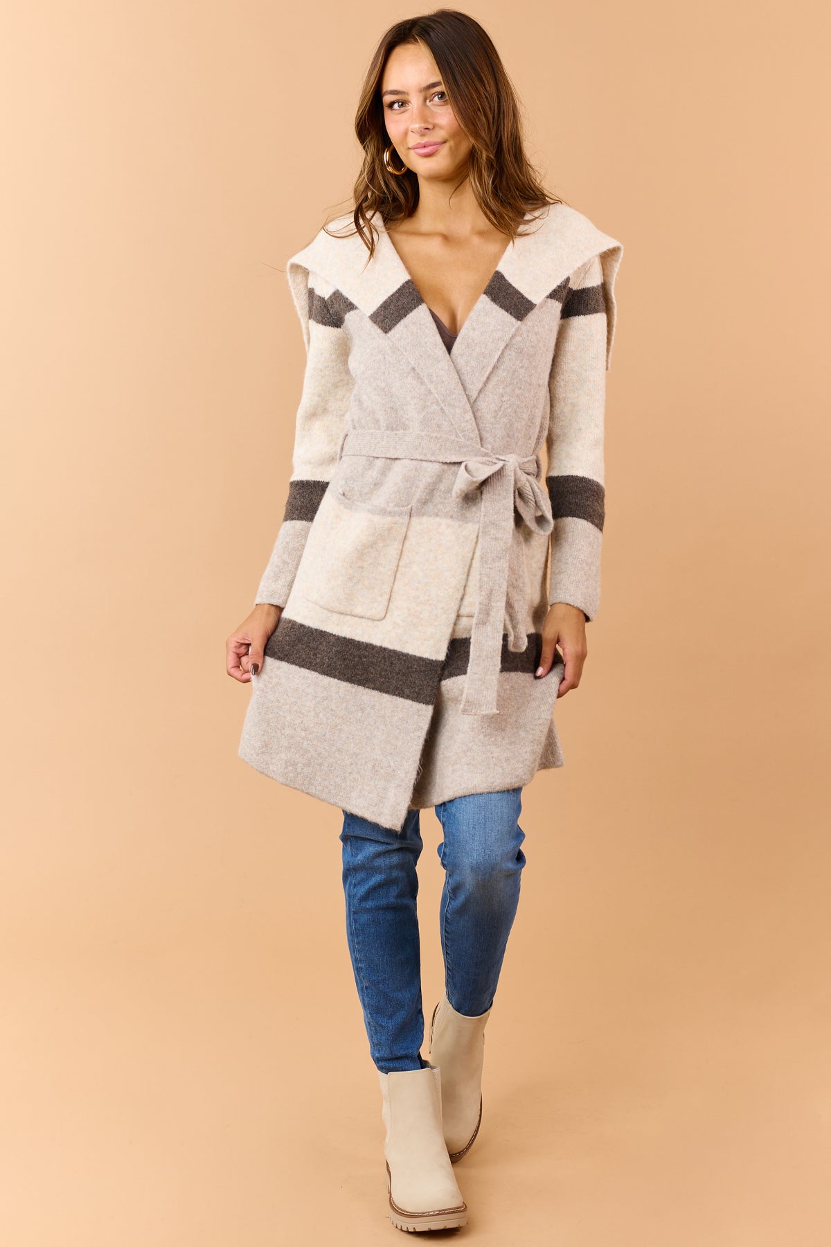Heathered Beige Colorblock Waist Tie Jacket Cardigan