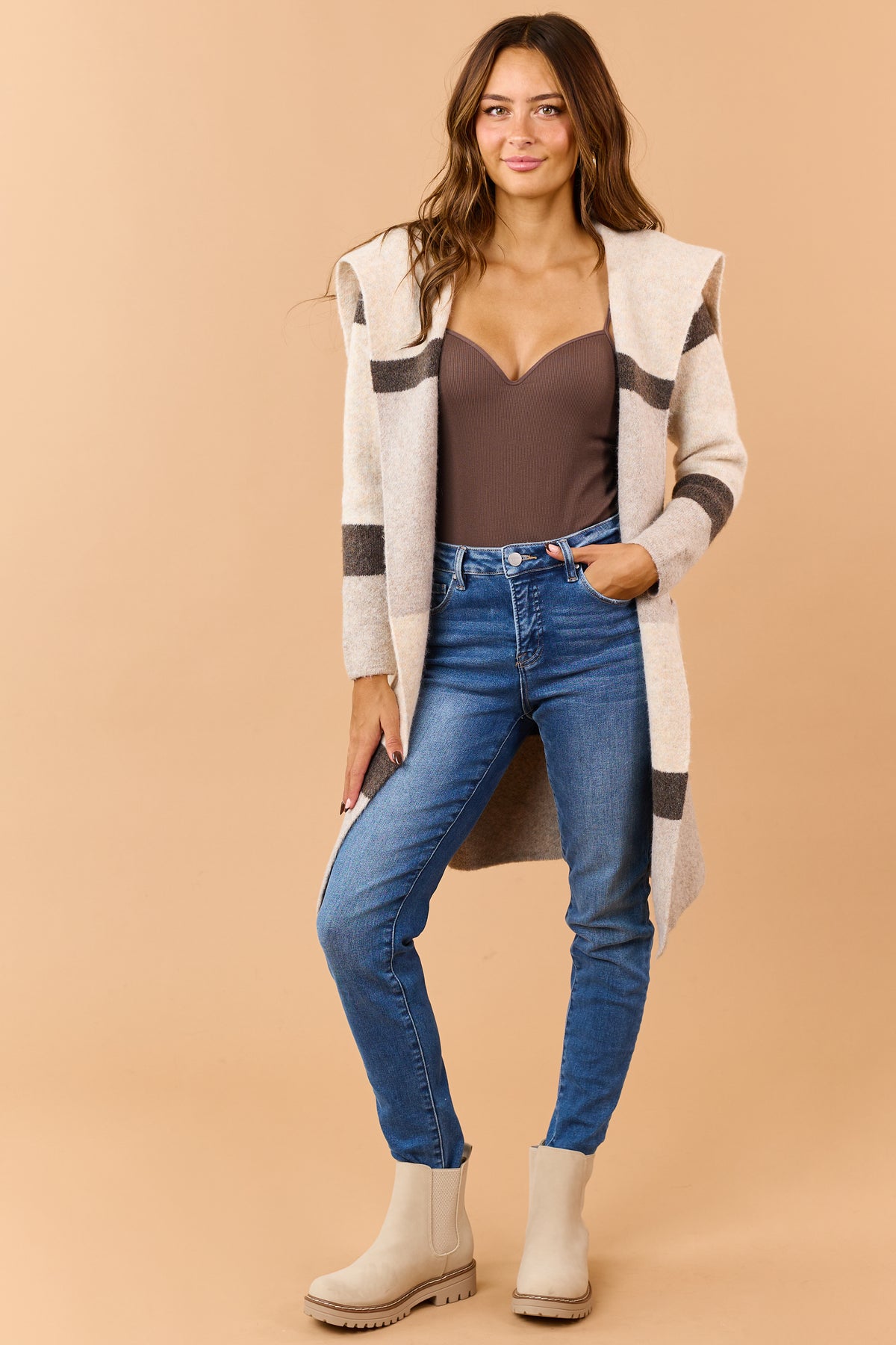 Heathered Beige Colorblock Waist Tie Jacket Cardigan