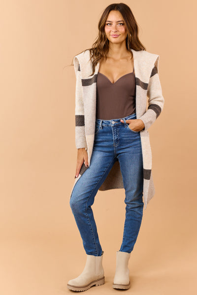 Heathered Beige Colorblock Waist Tie Jacket Cardigan
