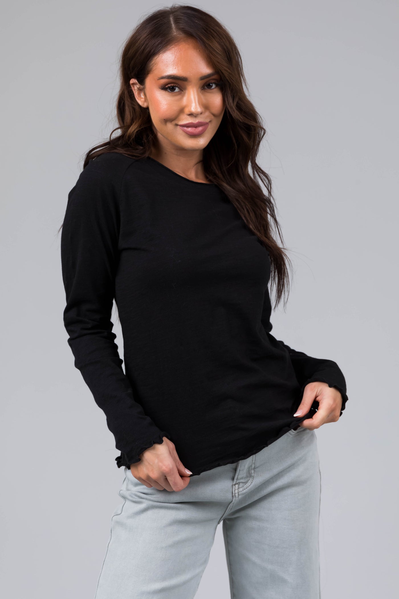 Heathered Black Lettuce Trim Long Sleeve Top | Lime Lush