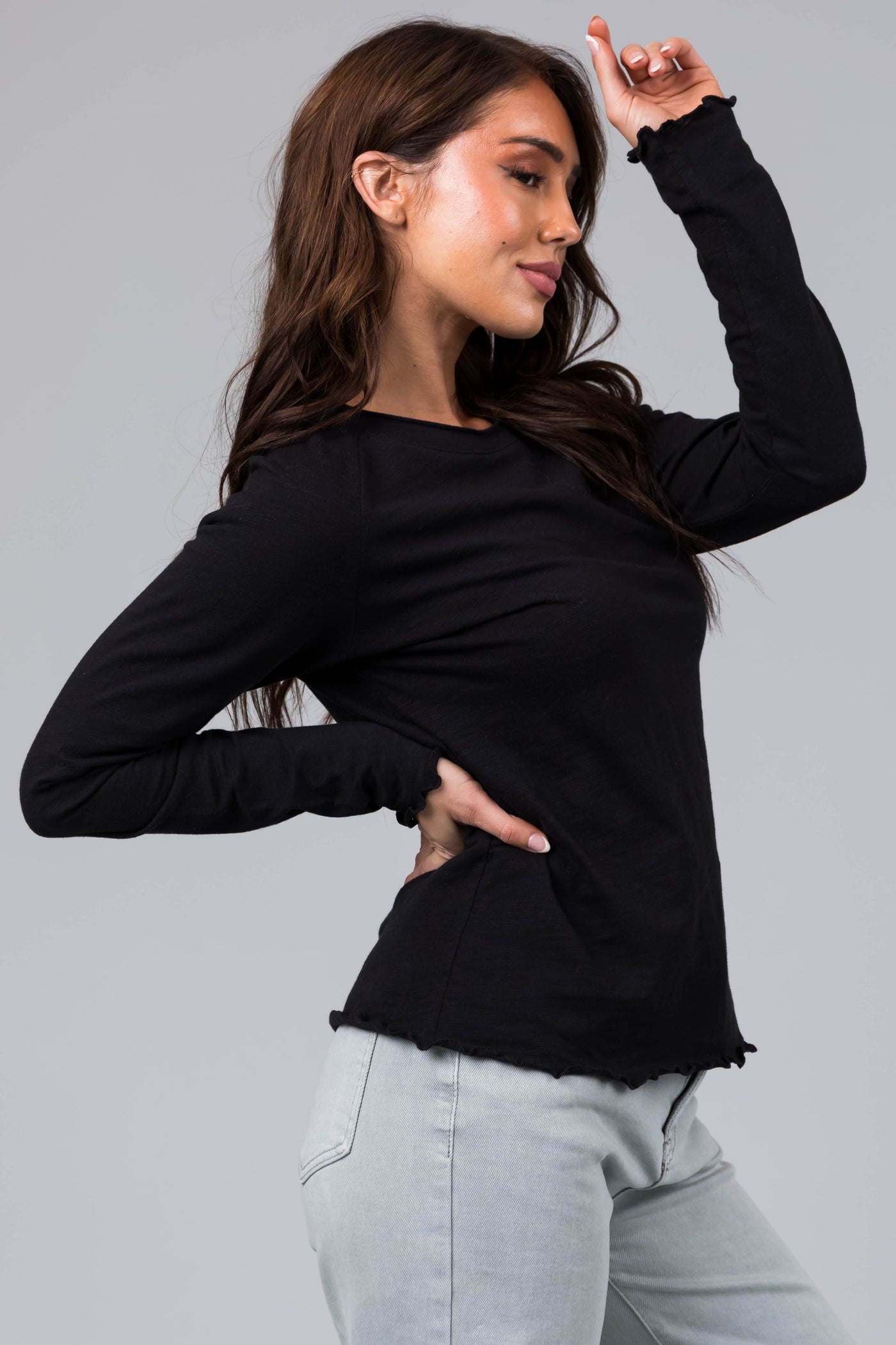 Heathered Black Lettuce Trim Long Sleeve Top