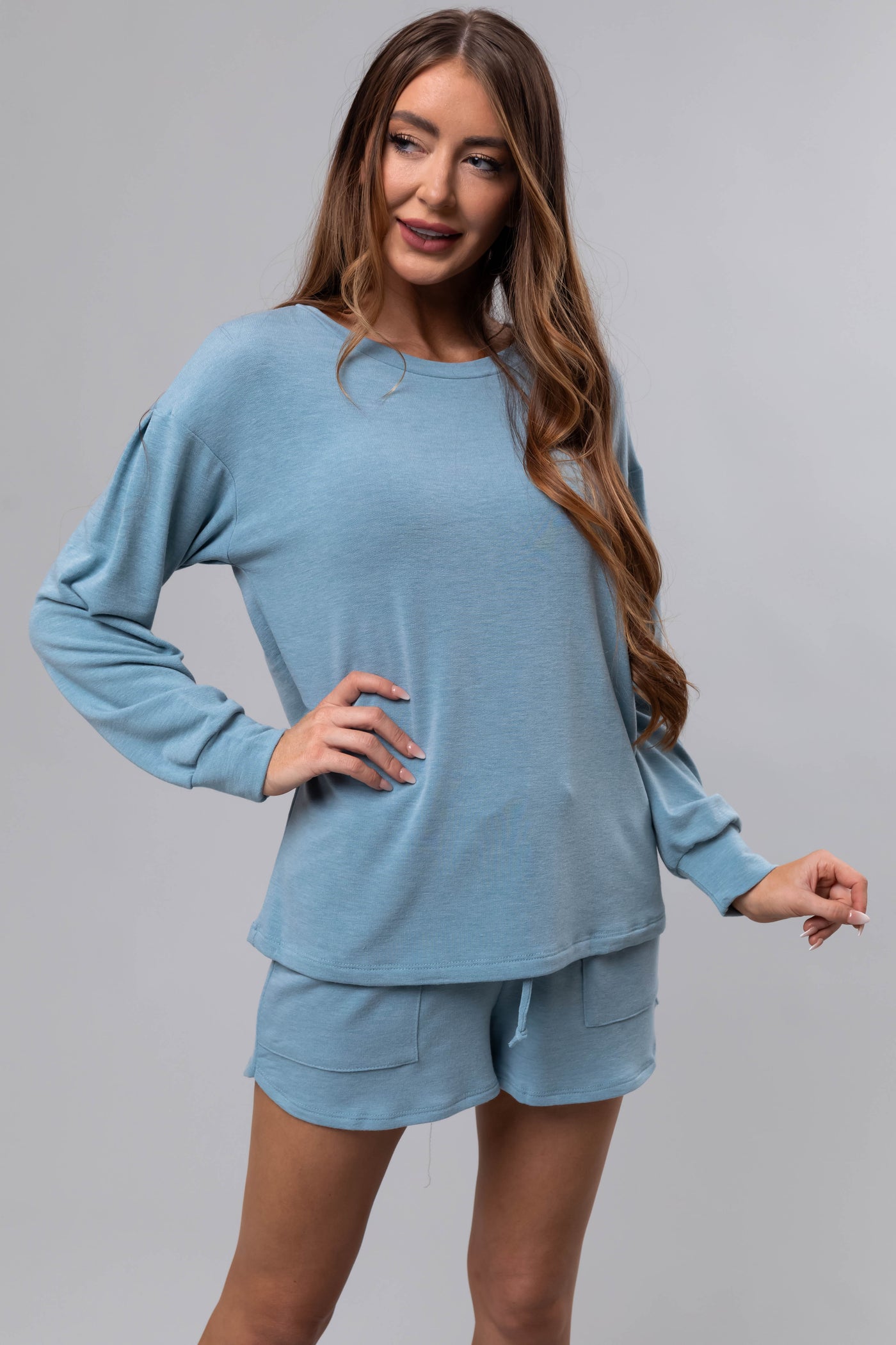 Heathered Blue Long Sleeve Soft Knit Top