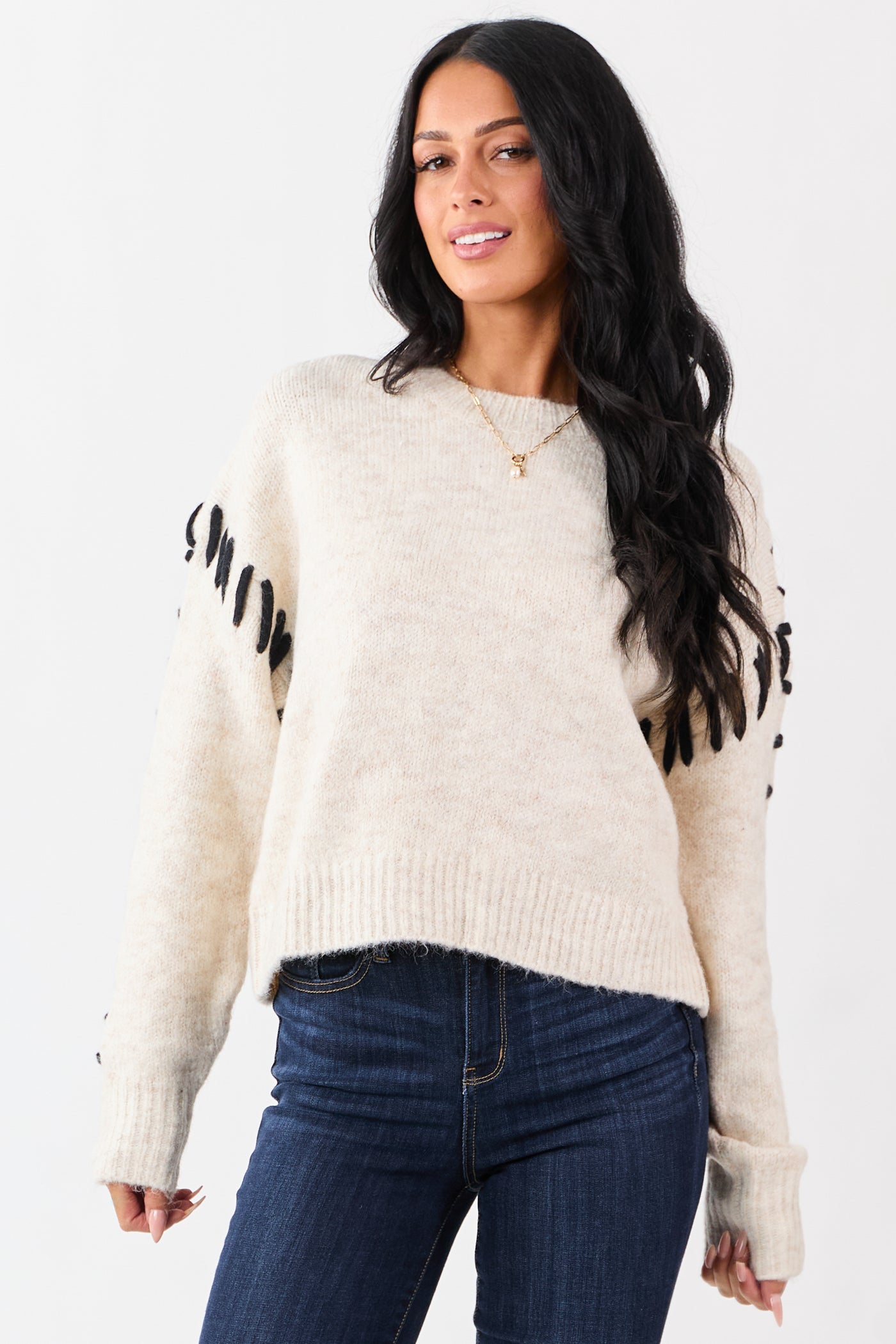 Heathered Champagne Whip Stitch Relaxed Sweater