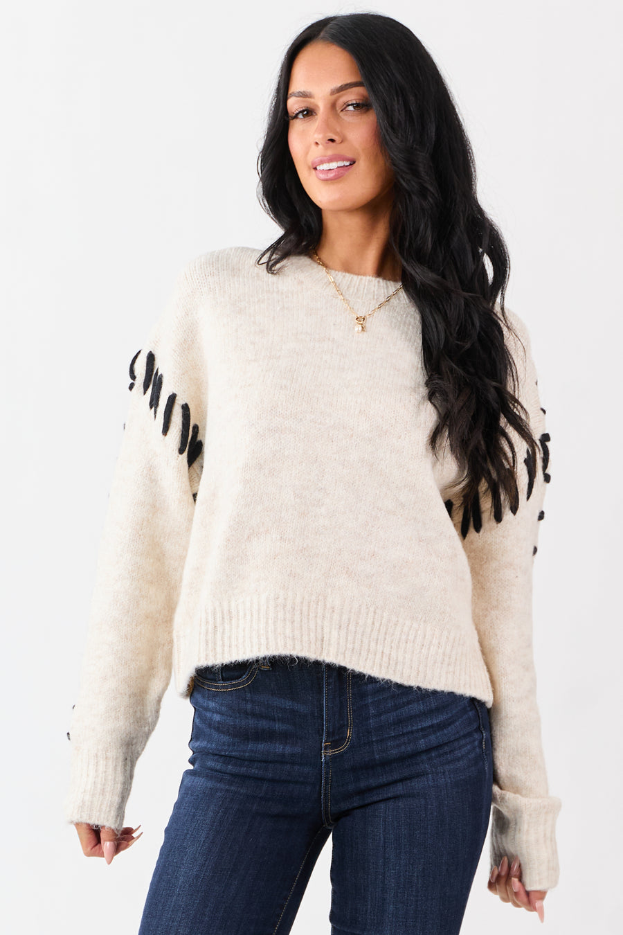 Heathered Champagne Whip Stitch Relaxed Sweater