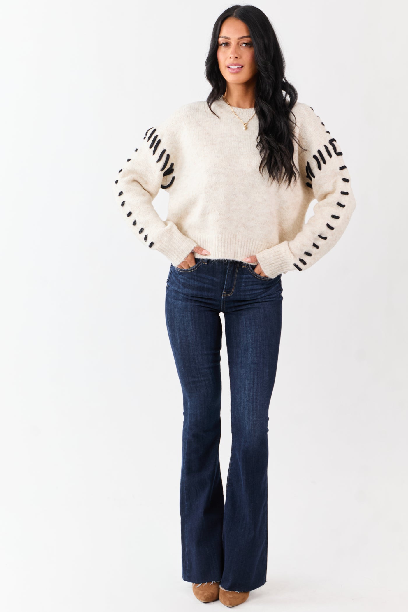 Heathered Champagne Whip Stitch Relaxed Sweater