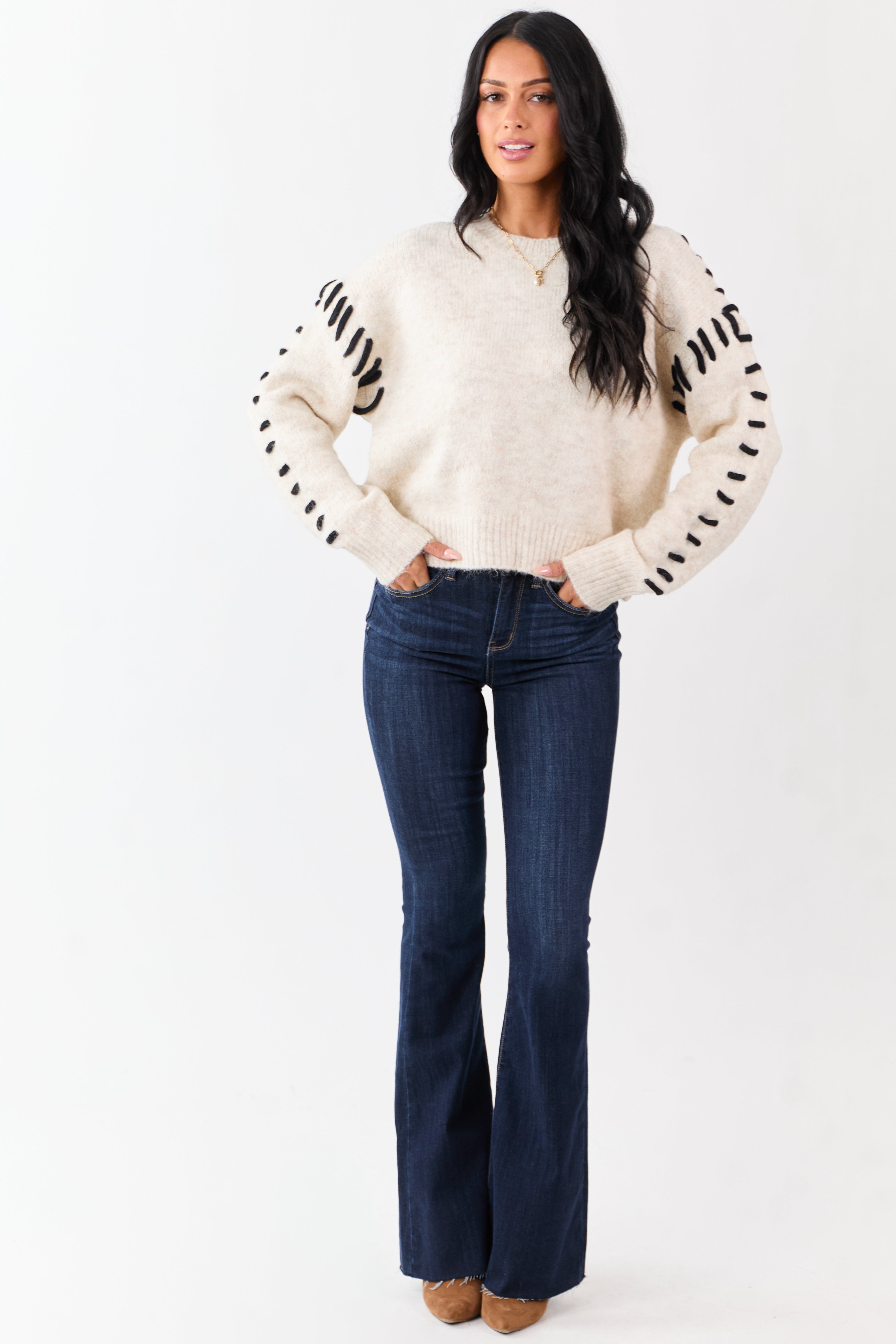 Heathered Champagne Whip Stitch Relaxed Sweater