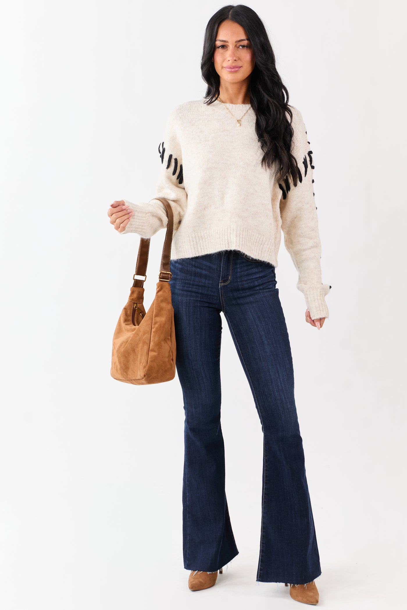 Heathered Champagne Whip Stitch Relaxed Sweater