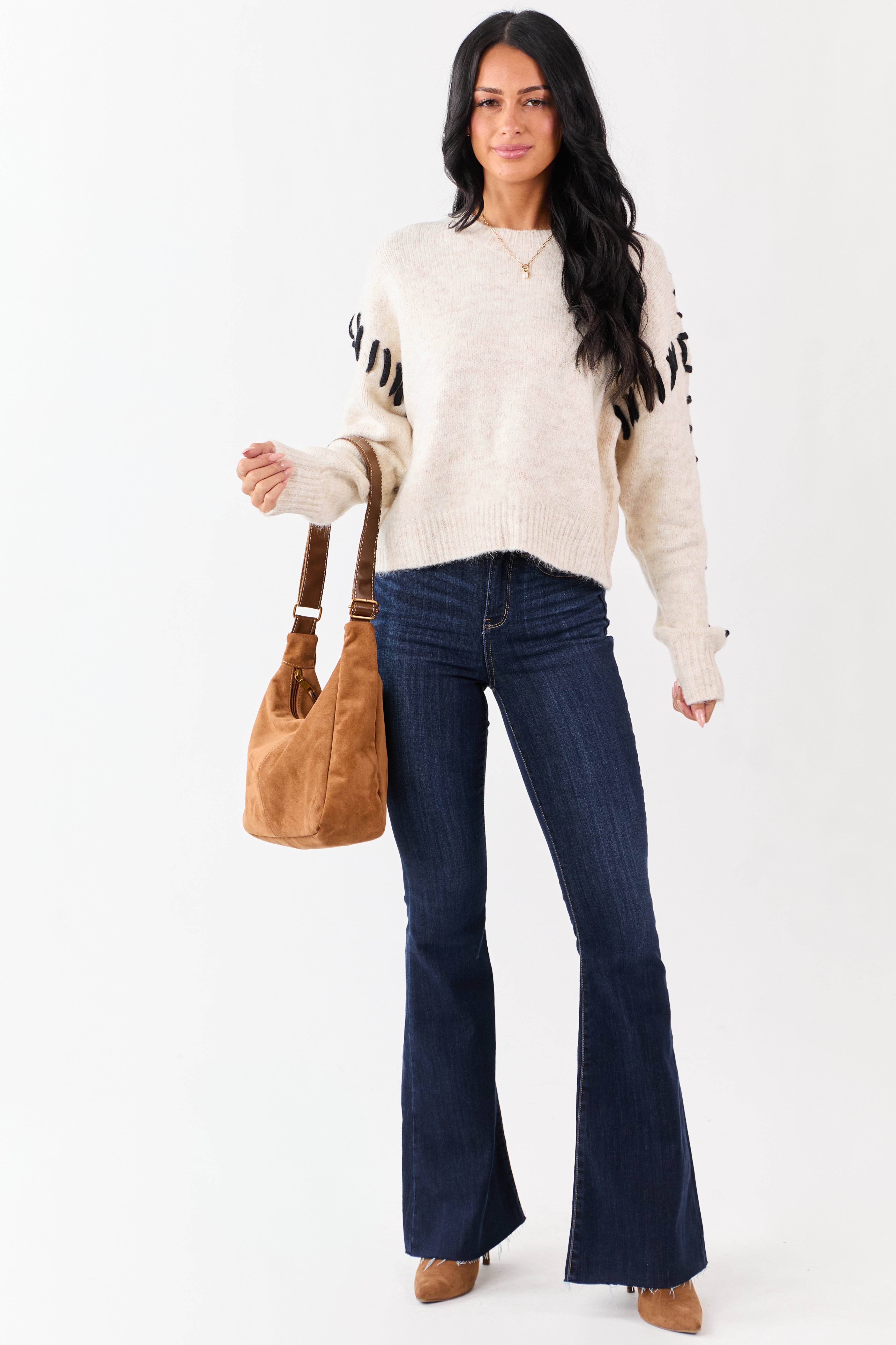 Heathered Champagne Whip Stitch Relaxed Sweater