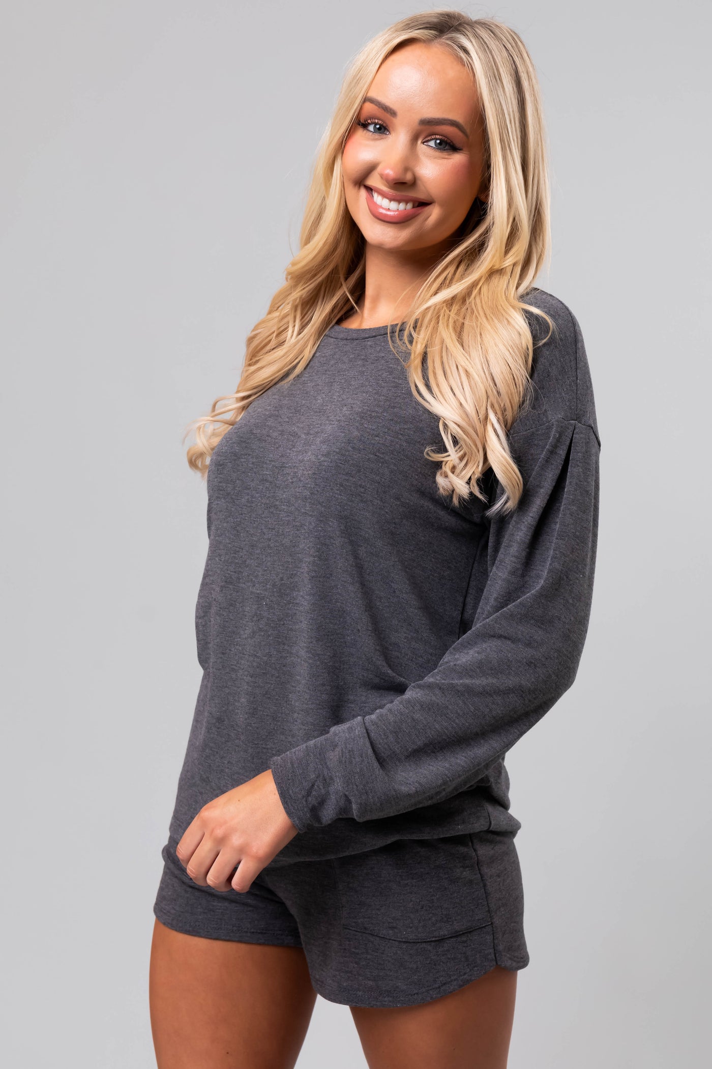 Heathered Charcoal Long Sleeve Soft Knit Top