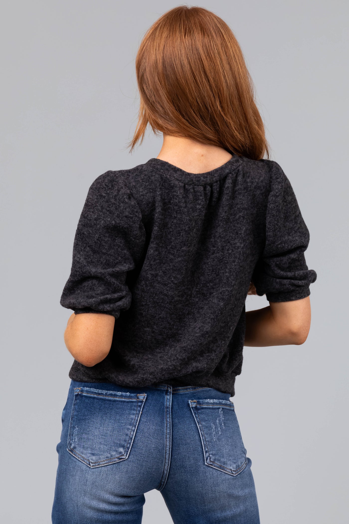 Heathered Charcoal Puff Sleeve Brushed Knit Top
