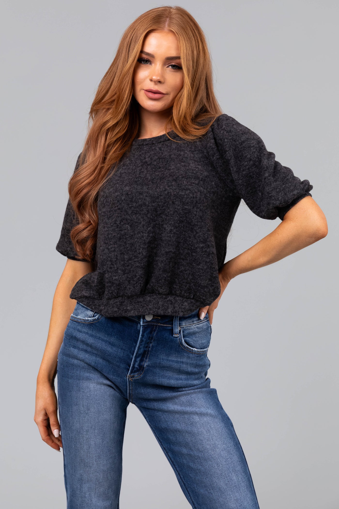 Heathered Charcoal Puff Sleeve Brushed Knit Top