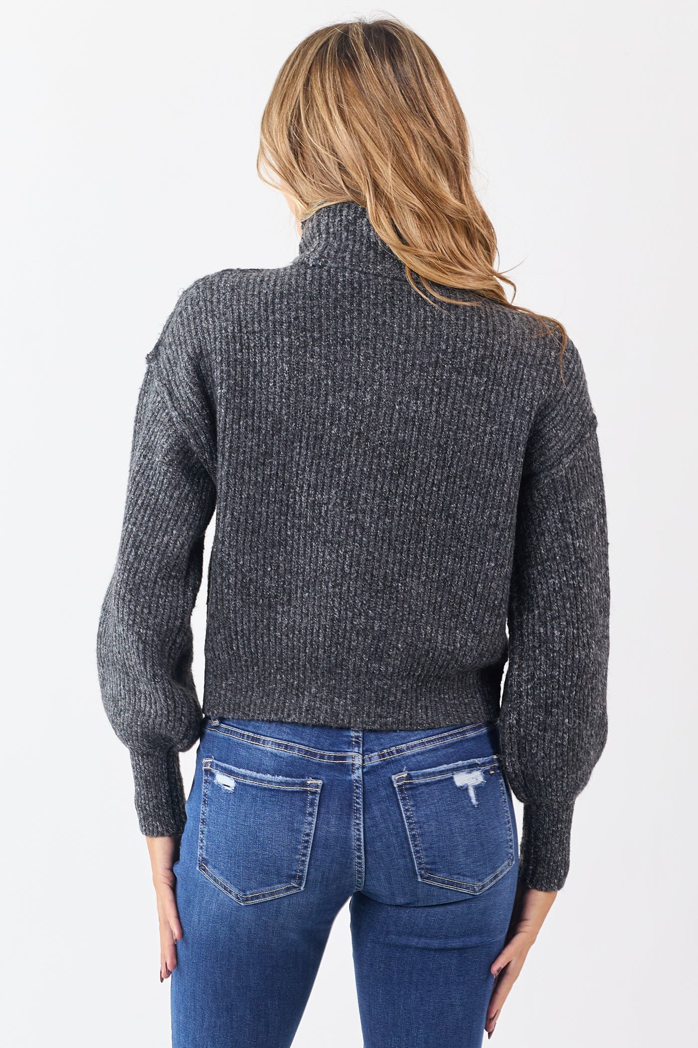 Heathered Charcoal Turtleneck Bubble Sleeve Sweater