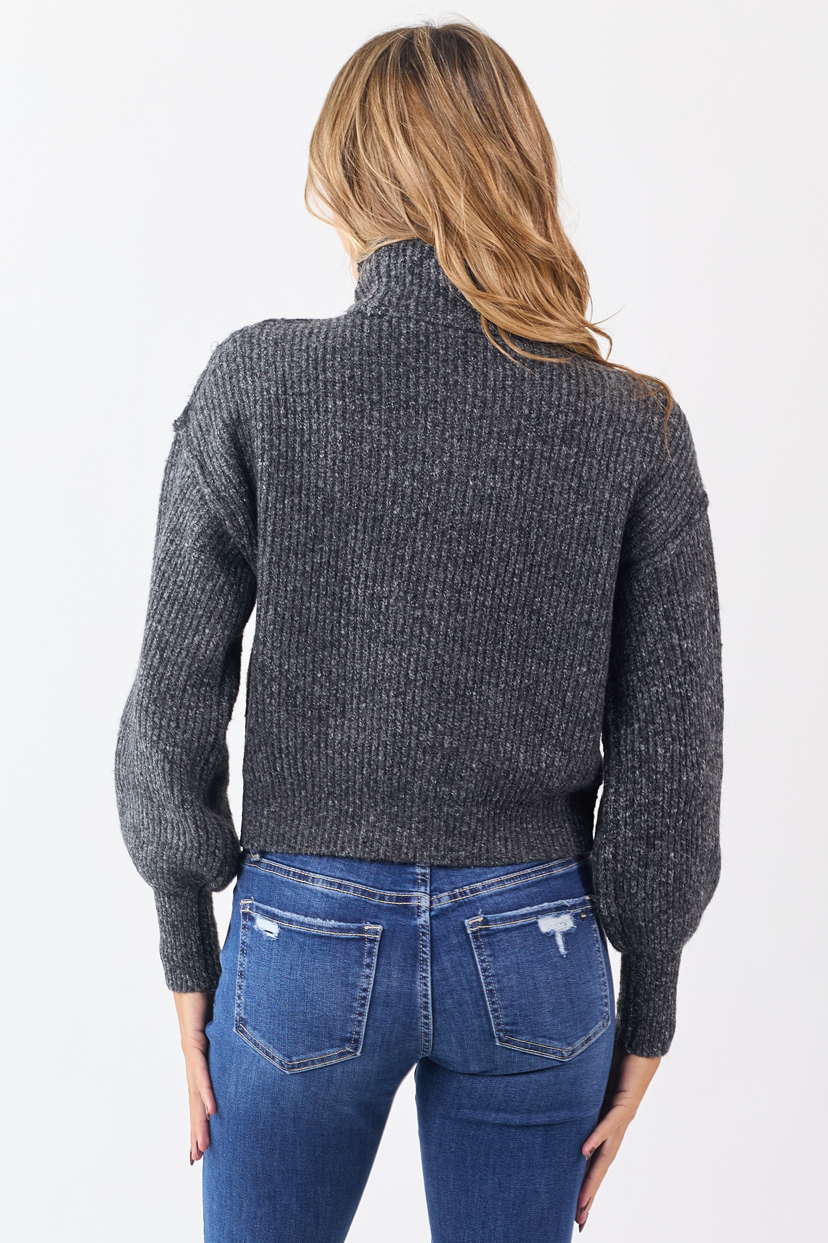 Heathered Charcoal Turtleneck Bubble Sleeve Sweater