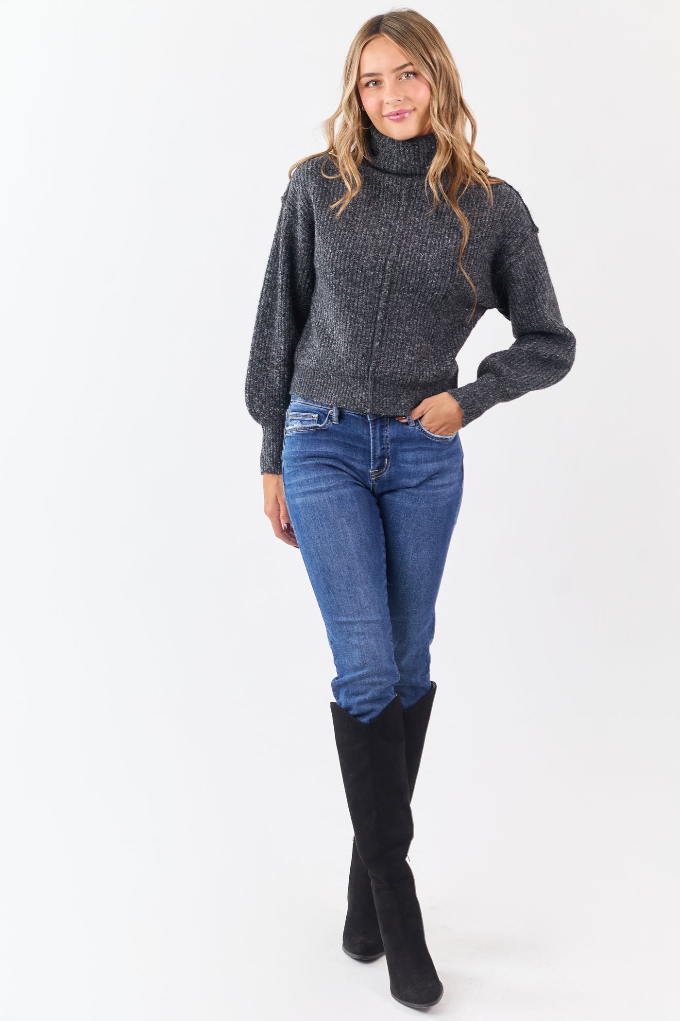 Heathered Charcoal Turtleneck Bubble Sleeve Sweater
