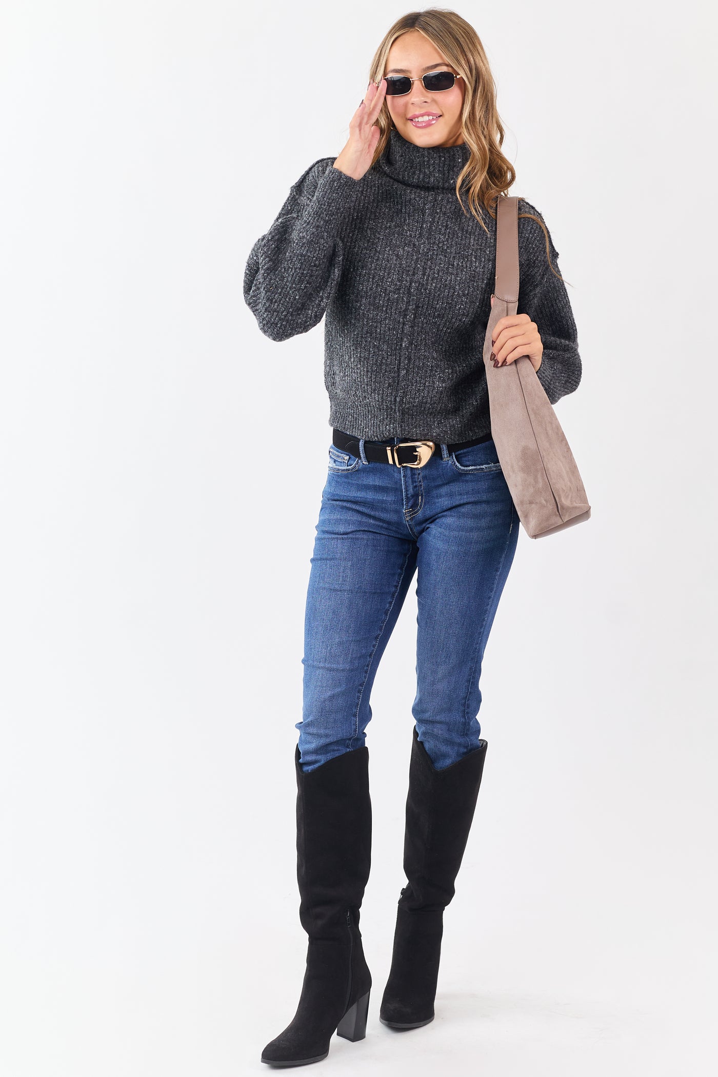 Heathered Charcoal Turtleneck Bubble Sleeve Sweater