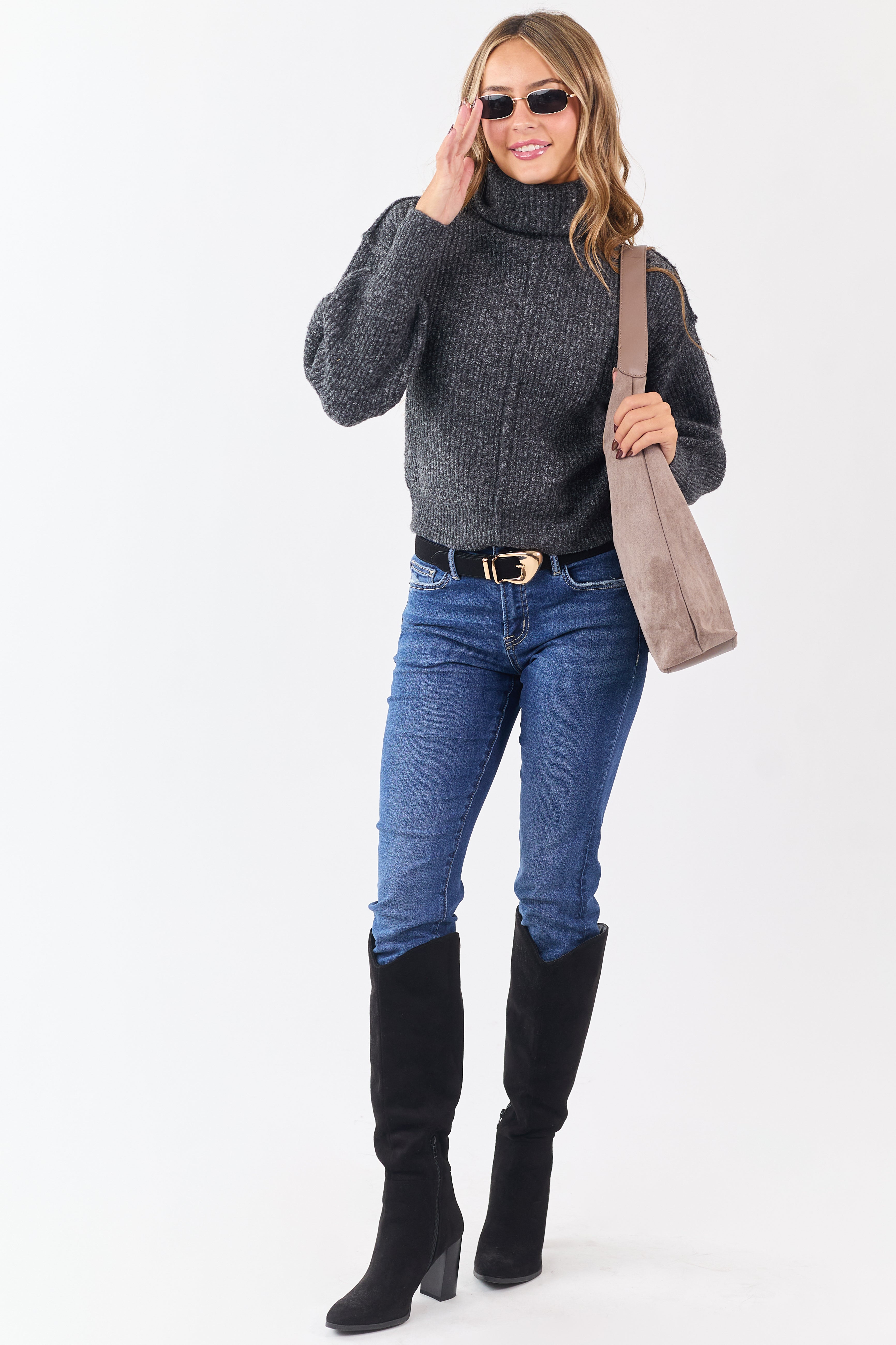 Heathered Charcoal Turtleneck Bubble Sleeve Sweater