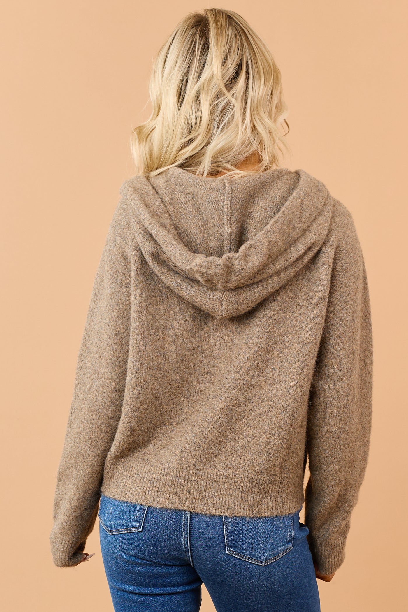 Heathered Coffee Drawstring Hooded Sweater Jacket