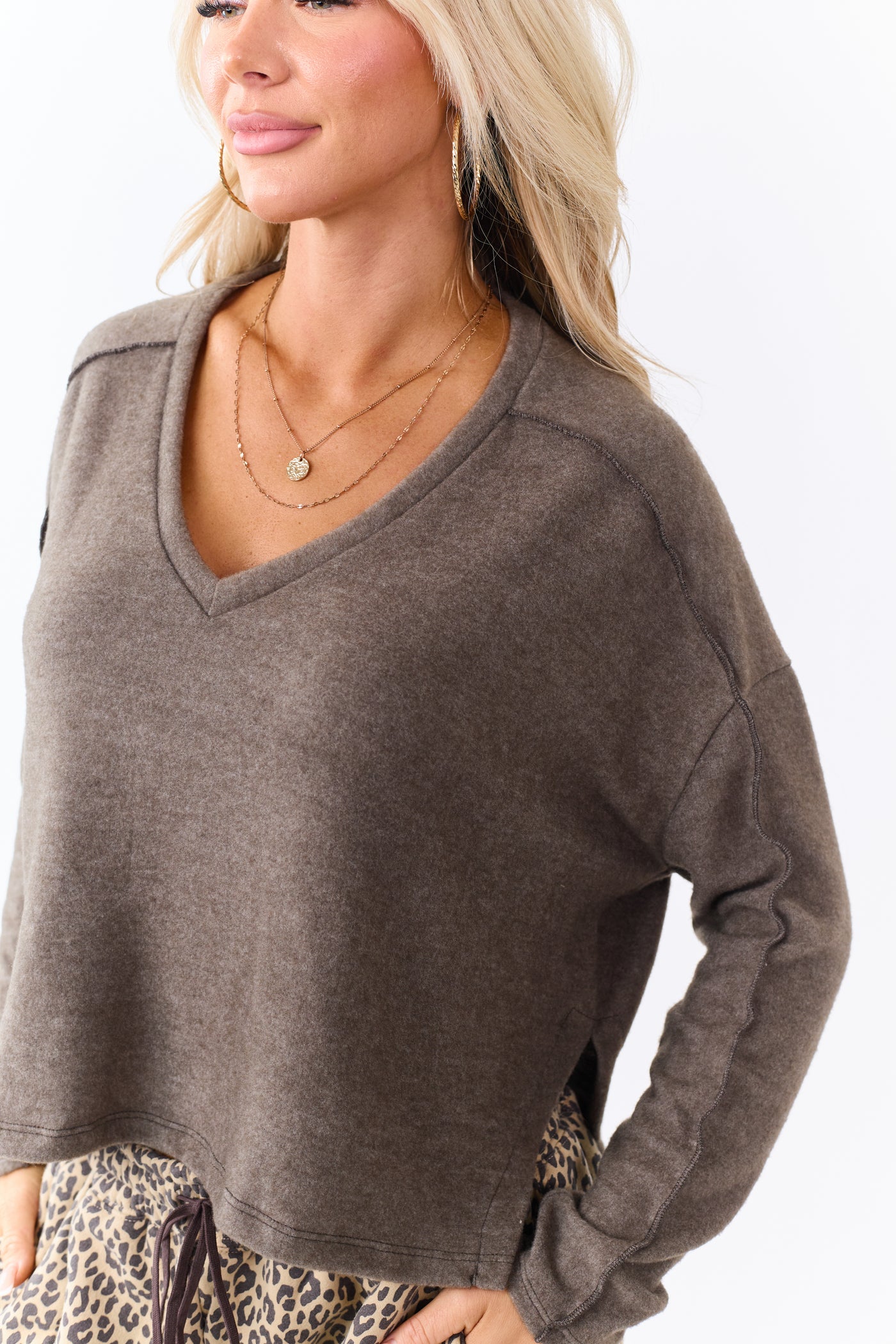 Heathered Coffee Fleece V-Neck Long Sleeve Top