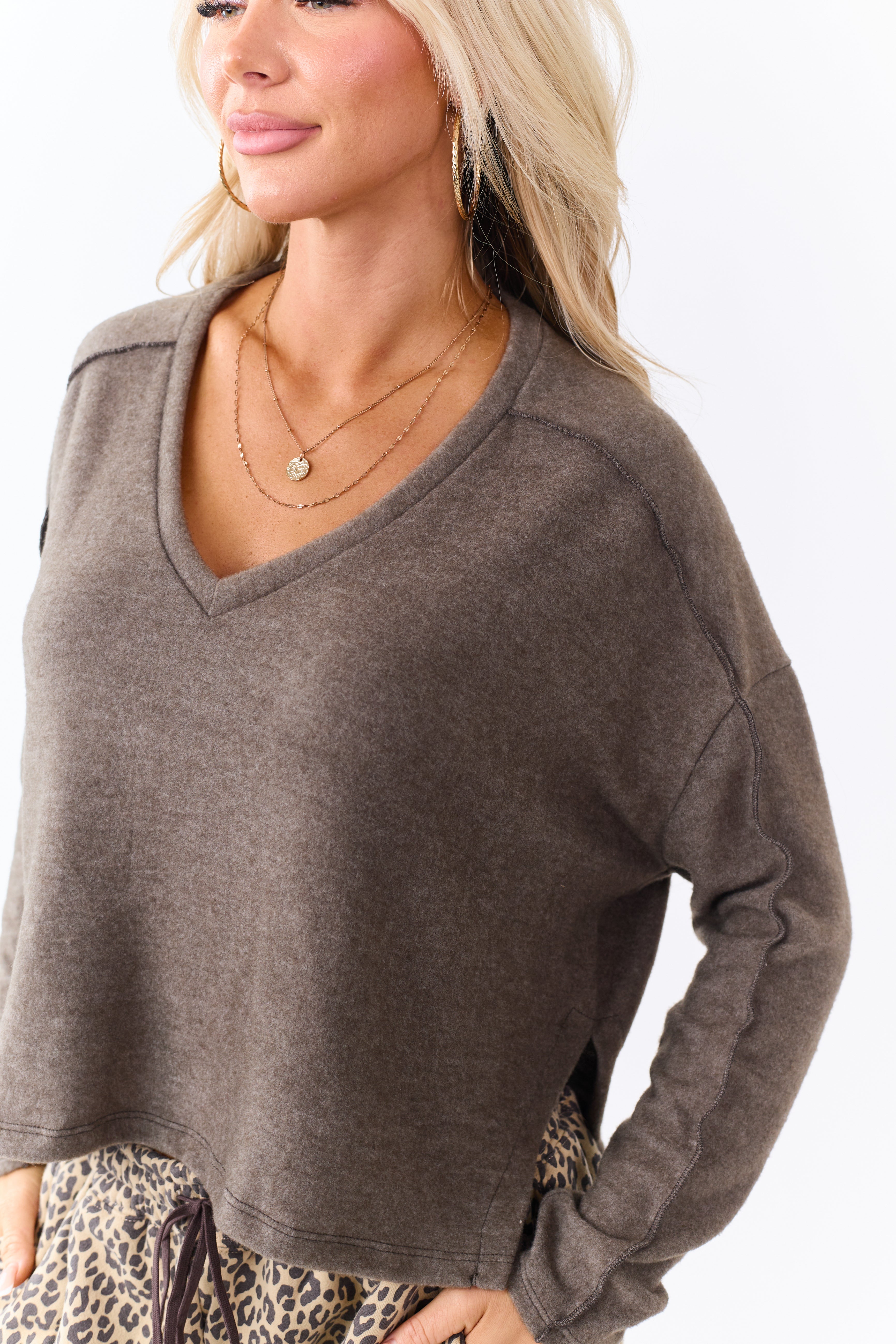 Heathered Coffee Fleece V-Neck Long Sleeve Top