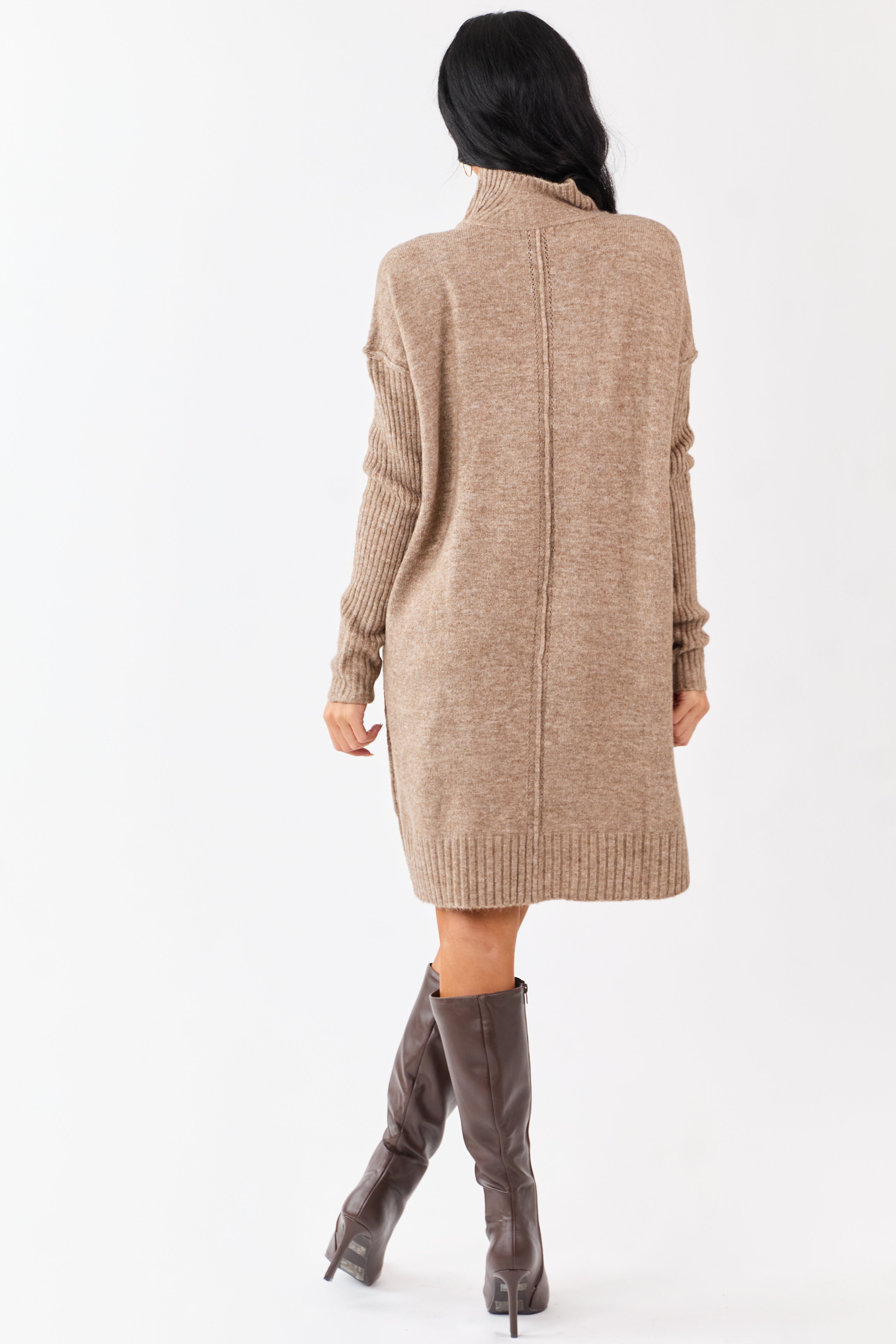 Heathered Coffee Mock Neck Mini Sweater Dress