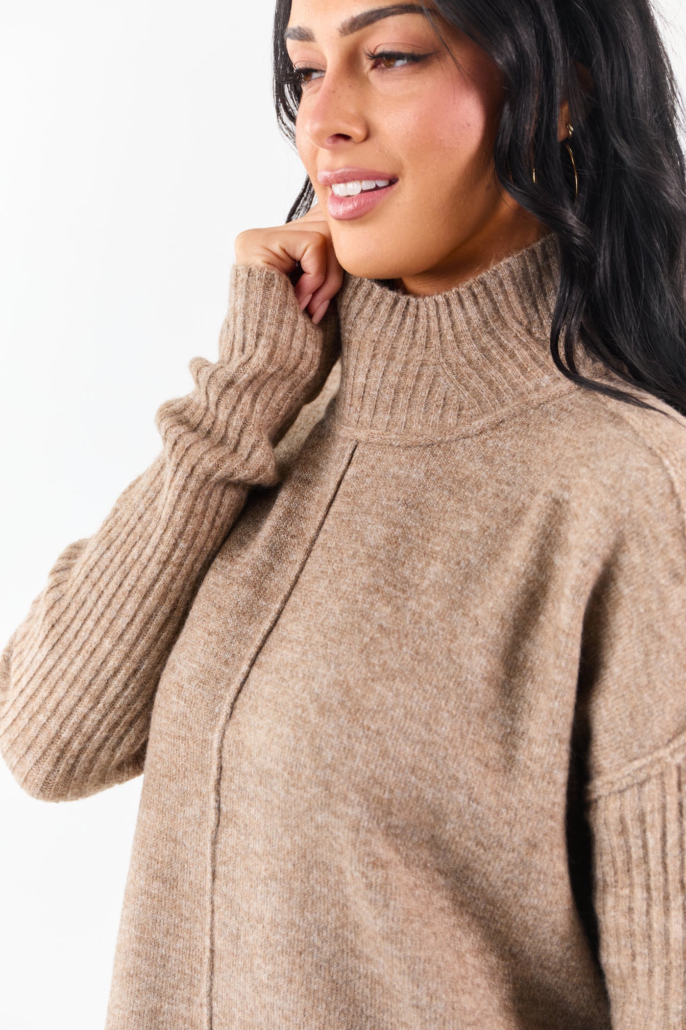 Heathered Coffee Mock Neck Mini Sweater Dress