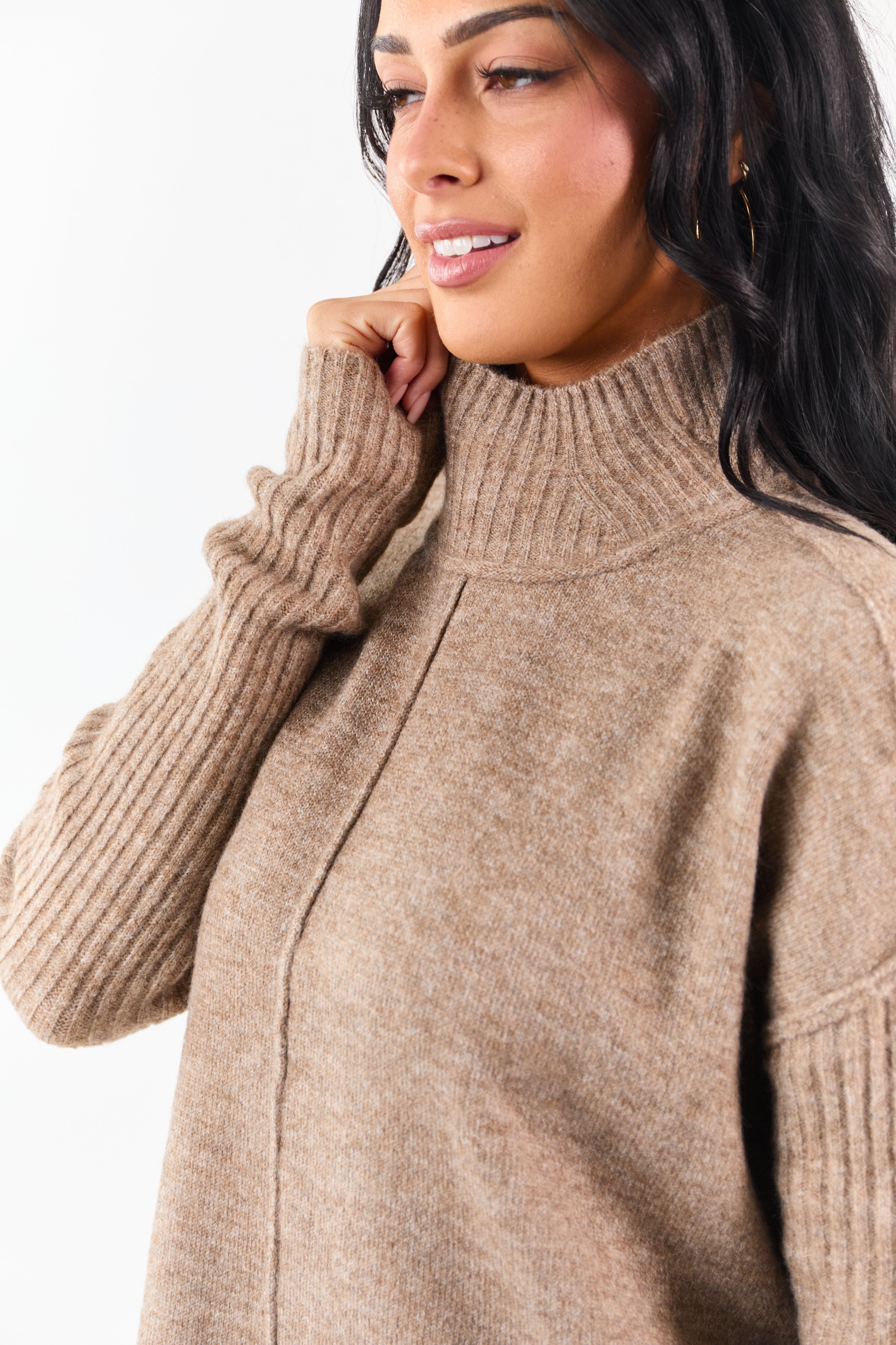 Heathered Coffee Mock Neck Mini Sweater Dress