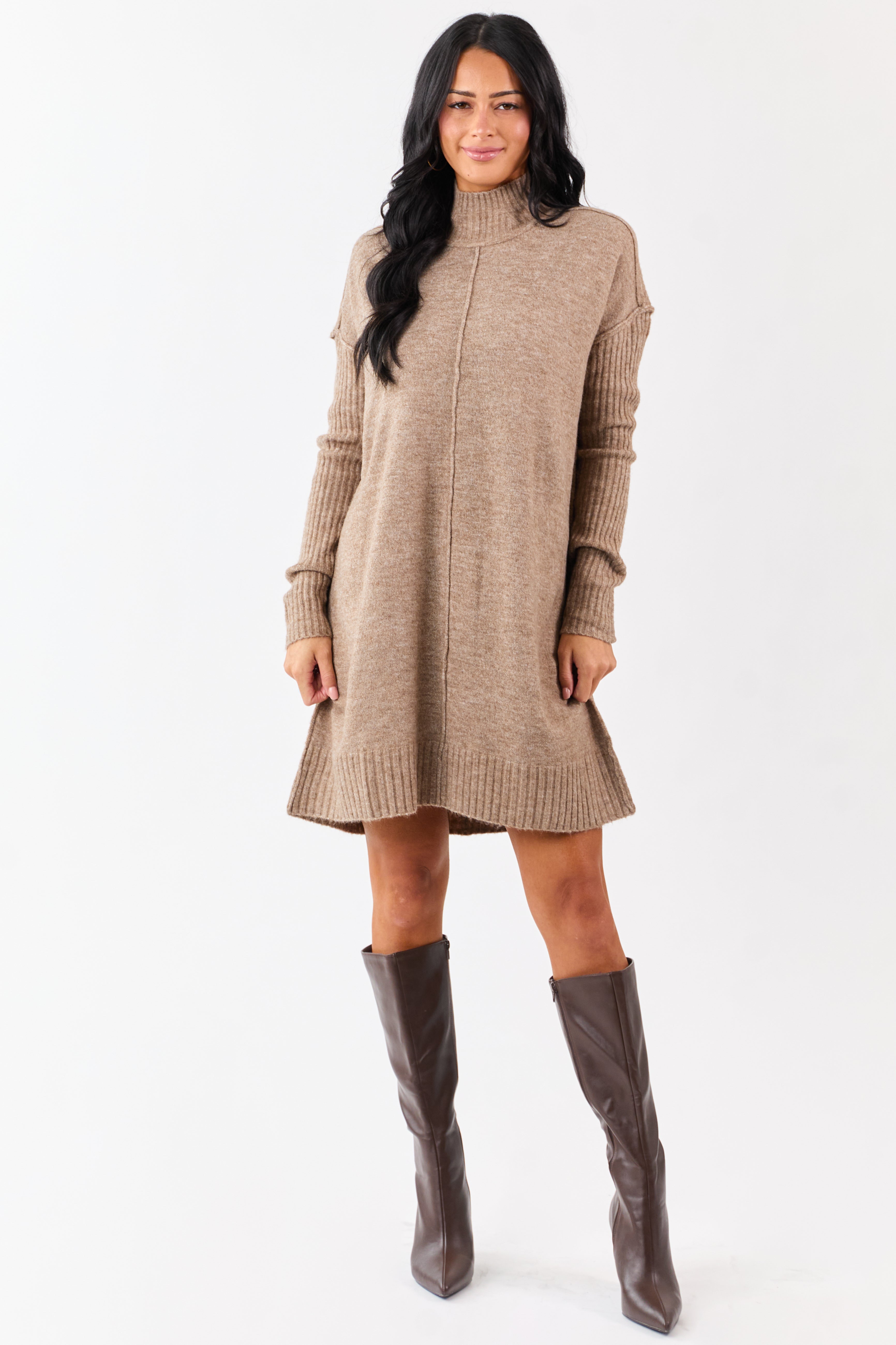 Heathered Coffee Mock Neck Mini Sweater Dress Heathered Coffee Mock Neck Mini Sweater Dress
