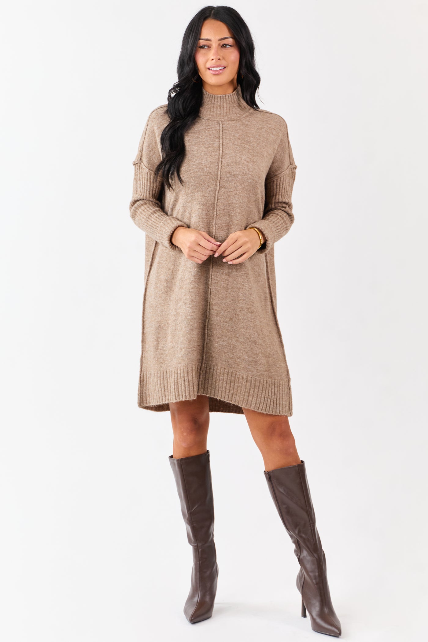 Heathered Coffee Mock Neck Mini Sweater Dress