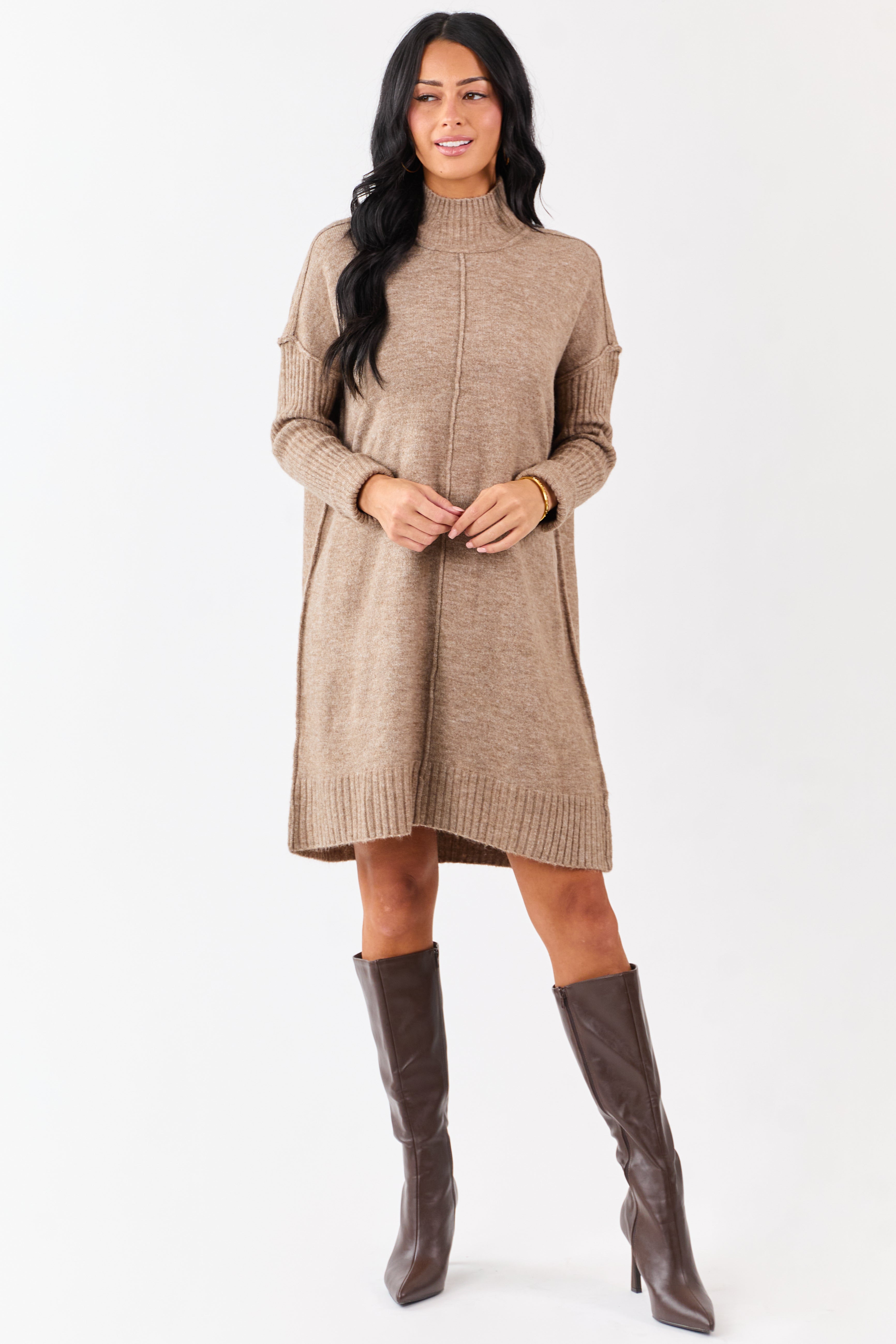 Heathered Coffee Mock Neck Mini Sweater Dress