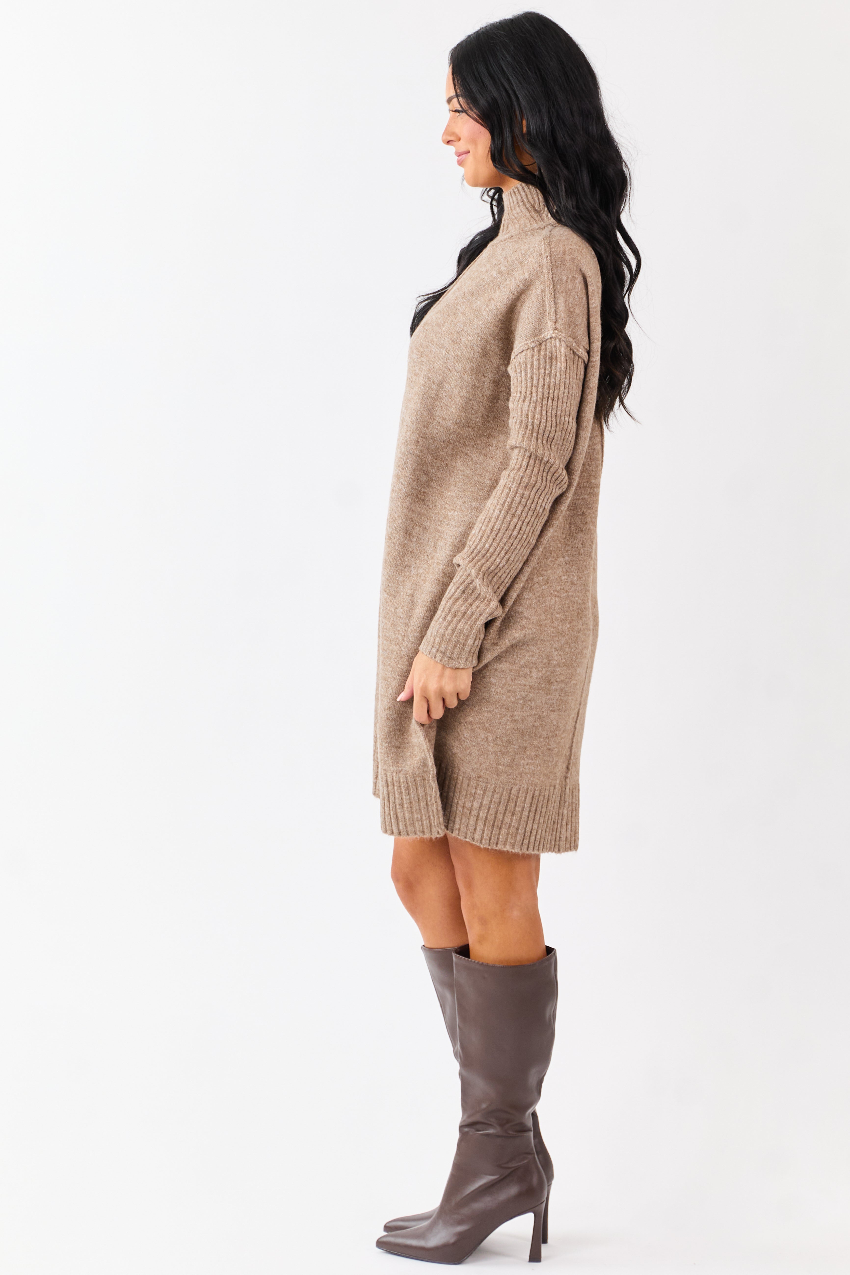 Heathered Coffee Mock Neck Mini Sweater Dress